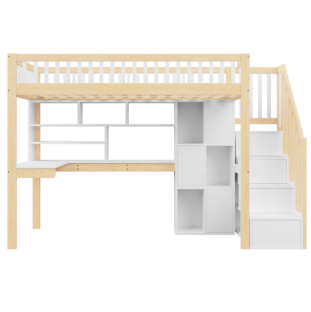 HOCHBETT 90/200 cm aus Kiefernholz und MDF mit LED-Beleuchtung, Ablageleiter, Regalen und Schreibtisch, Weiß/Natur - Weiß, Holz (90/200cm) - Redom