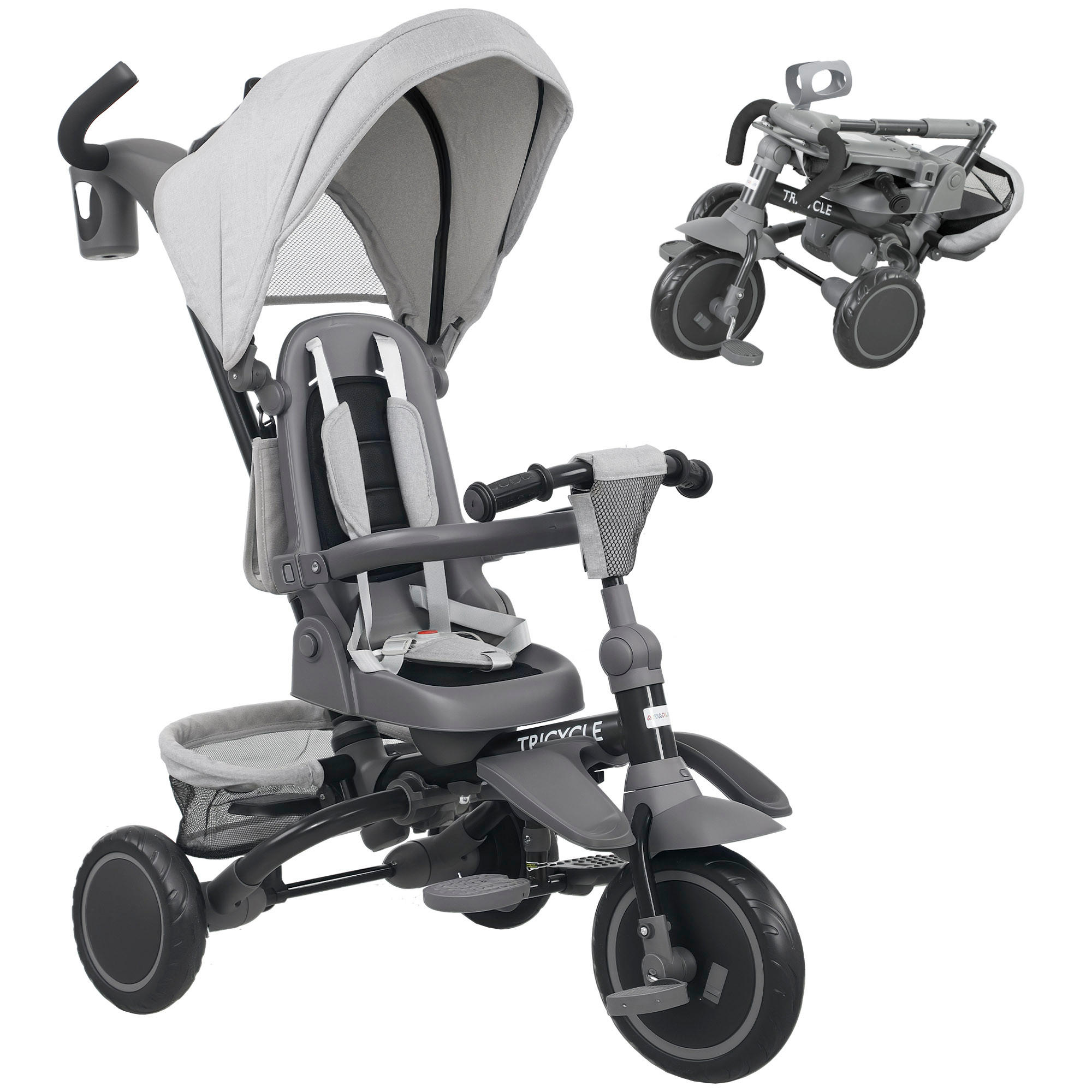 DREIRAD 6in1 mit Schubstange für 1-5 Jahre Kinderdreirad mit drehbarem Sitz Grau - Grau, Metall (111.5/52/98cm) - AIYAPLAY