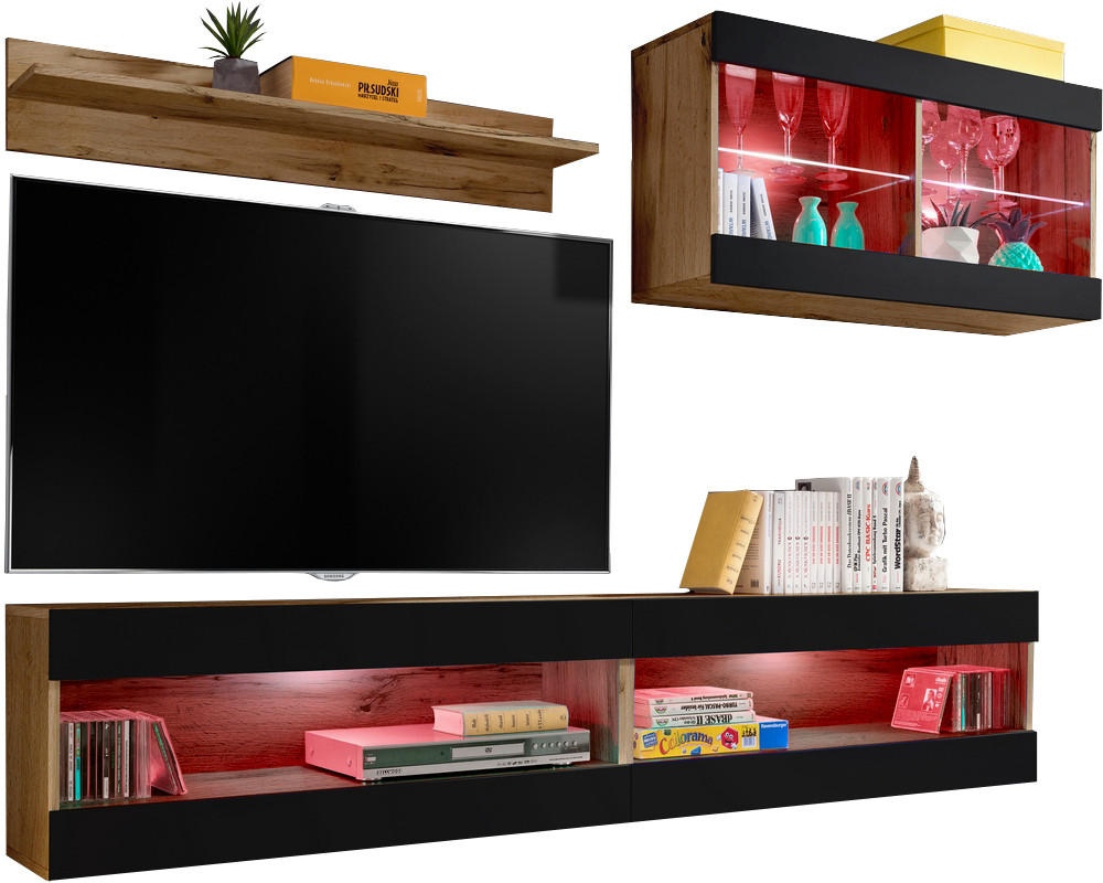 WOHNWAND 4-er Set, TIVOLI SET6 mit mehrfarbige LED RGB Beleuchtung Wotan + Schwarz, Offener Raum - Eiche Wotan/Schwarz, Glas/Holzwerkstoff (240/195/35cm) - Komodee