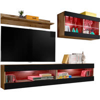 WOHNWAND 4-er Set, TIVOLI SET6 mit mehrfarbige LED RGB Beleuchtung Wotan + Schwarz, Offener Raum - Eiche Wotan/Schwarz, Glas/Holzwerkstoff (240/195/35cm) - Komodee