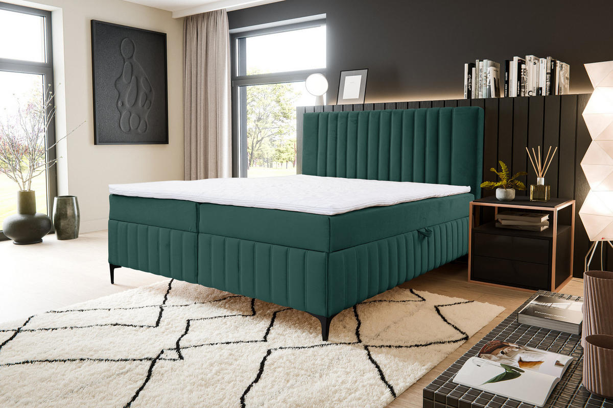 BOXBETT QUANT mit 2 Bettkästen, 180x200, Farbe: Grün, Velourstoff, mit Bonell-Matratze inkl. Topper - Grün, Holz/Kunststoff (180/200cm) - VENASI MÖBEL