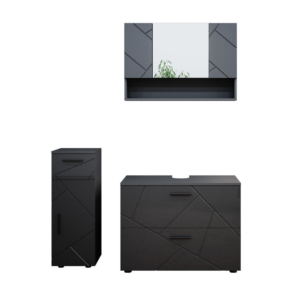 BADMÖBEL-SET Irma Anthrazit Hochglanz 3 Teile - Schwarz Hochglanz/Anthrazit, Holzwerkstoff (80/58.6/41cm) - Vicco