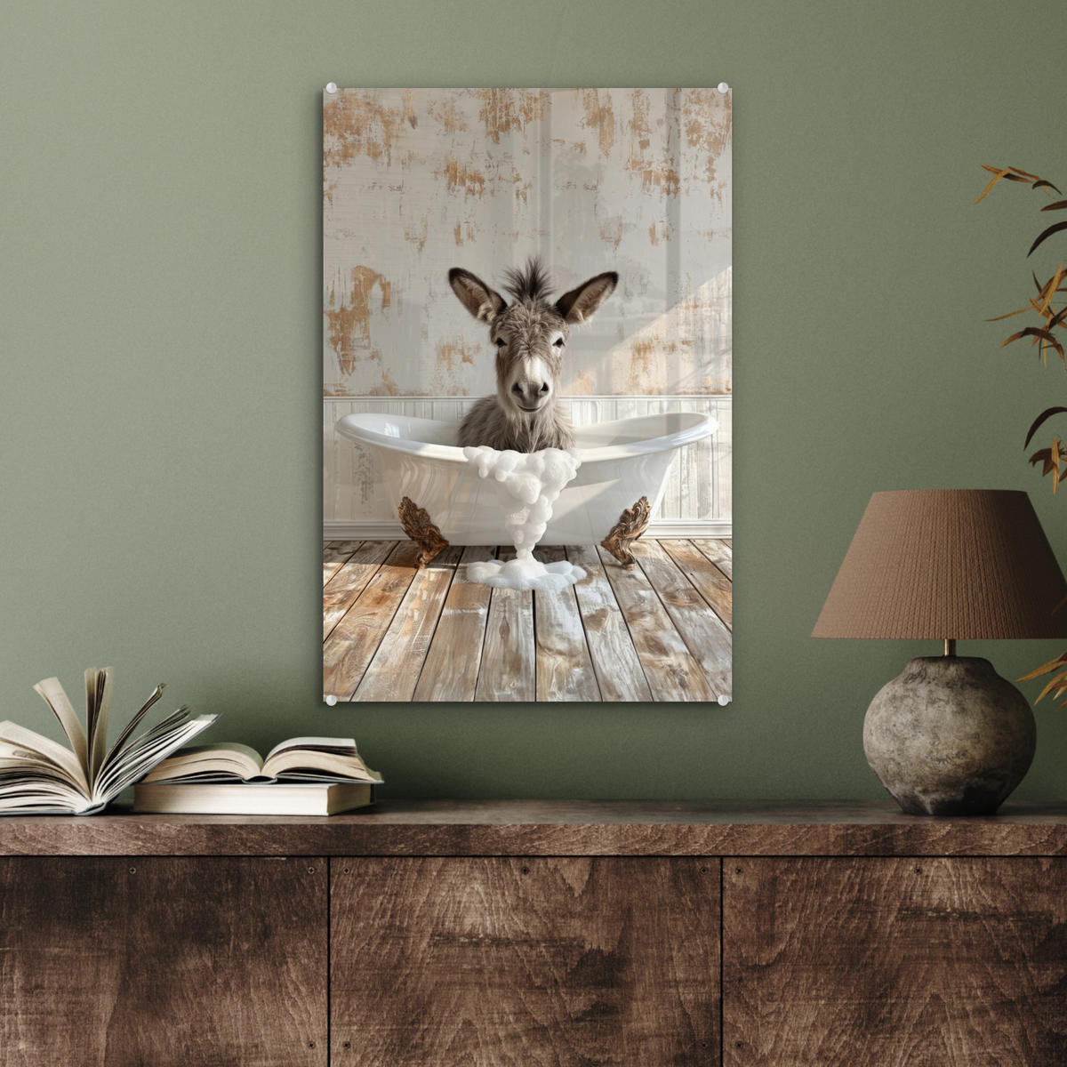 ACRYLGLASBILD Esel - Tiere - Badewanne - Schaumstoff 40x60 cm - Weiß, Glas (40/60cm) - MuchoWow