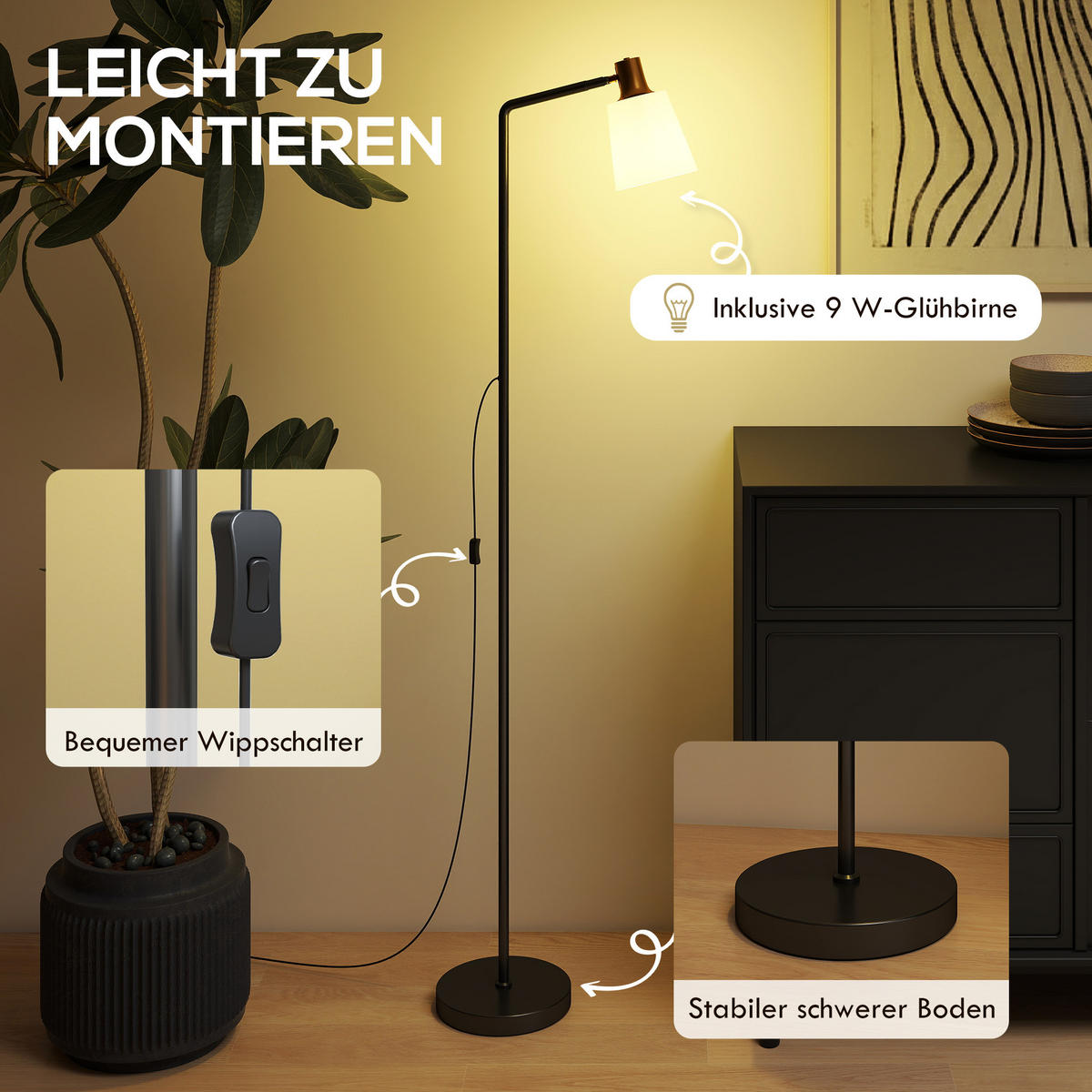 STEHLAMPE LED mit 350° drehbar Kopf Schwarz - Schwarz, Metall (45/21/148cm) - HOMCOM