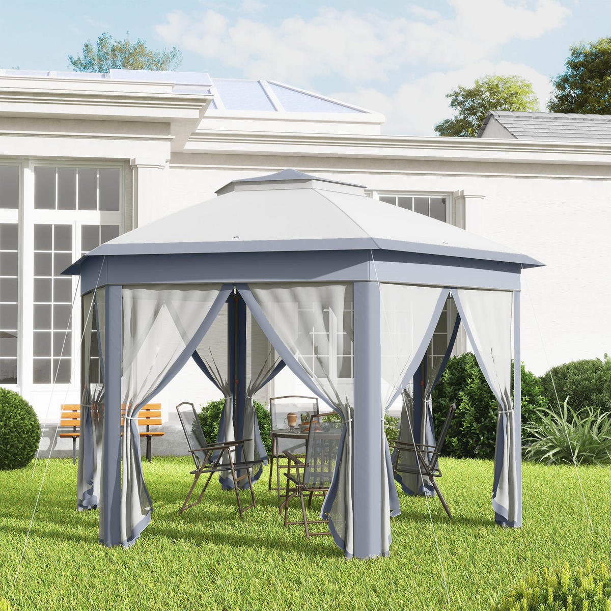 FALTPAVILLON, Kaffee+Beige+Braun, Metall, Polyester - Grau, Metall (405/285/405cm) - Outsunny