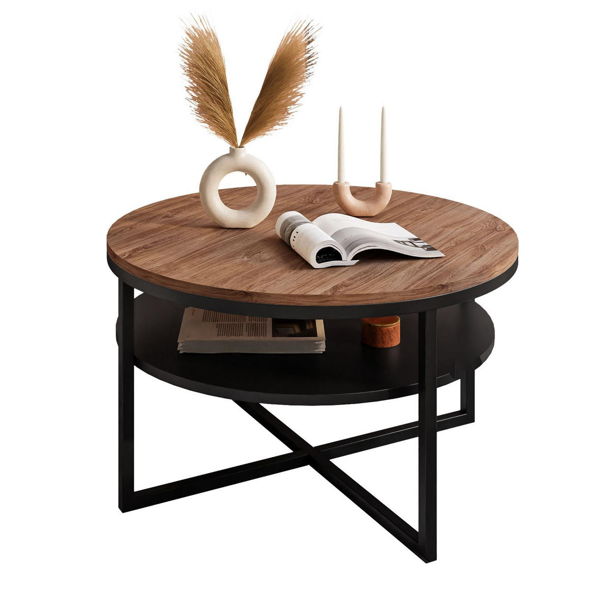 COUCHTISCH CIRI-X mit Regal Eichenholz Sterling - Eichefarben/Schwarz, Holzwerkstoff (70/70/45.6cm) - Lookway