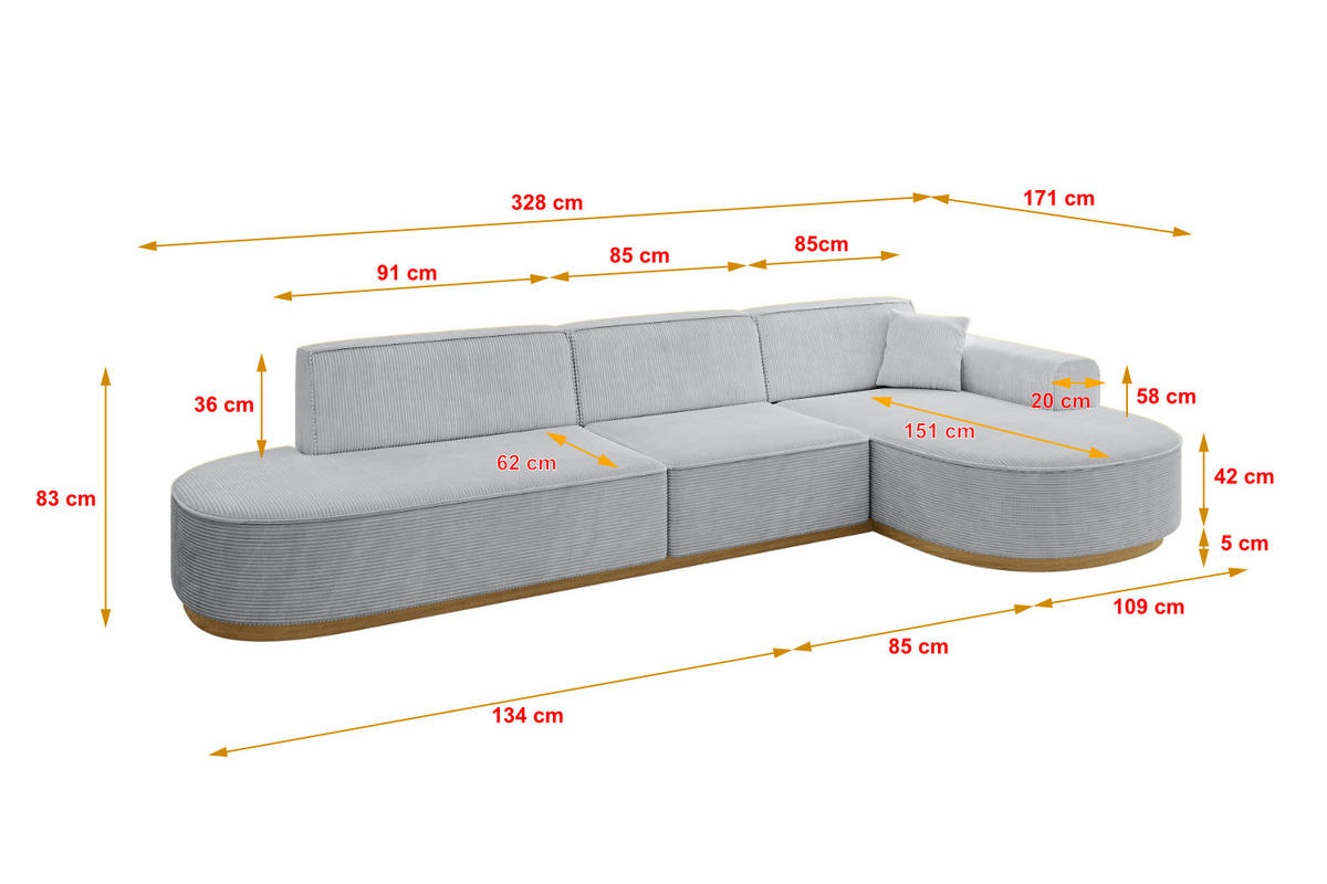 ECKSOFA Ottomane Rechts MARI-L2-v2 - 328x171x83 cm Grau Cord - Grau, Holzwerkstoff/Textil (171/328cm) - ALTDECOR