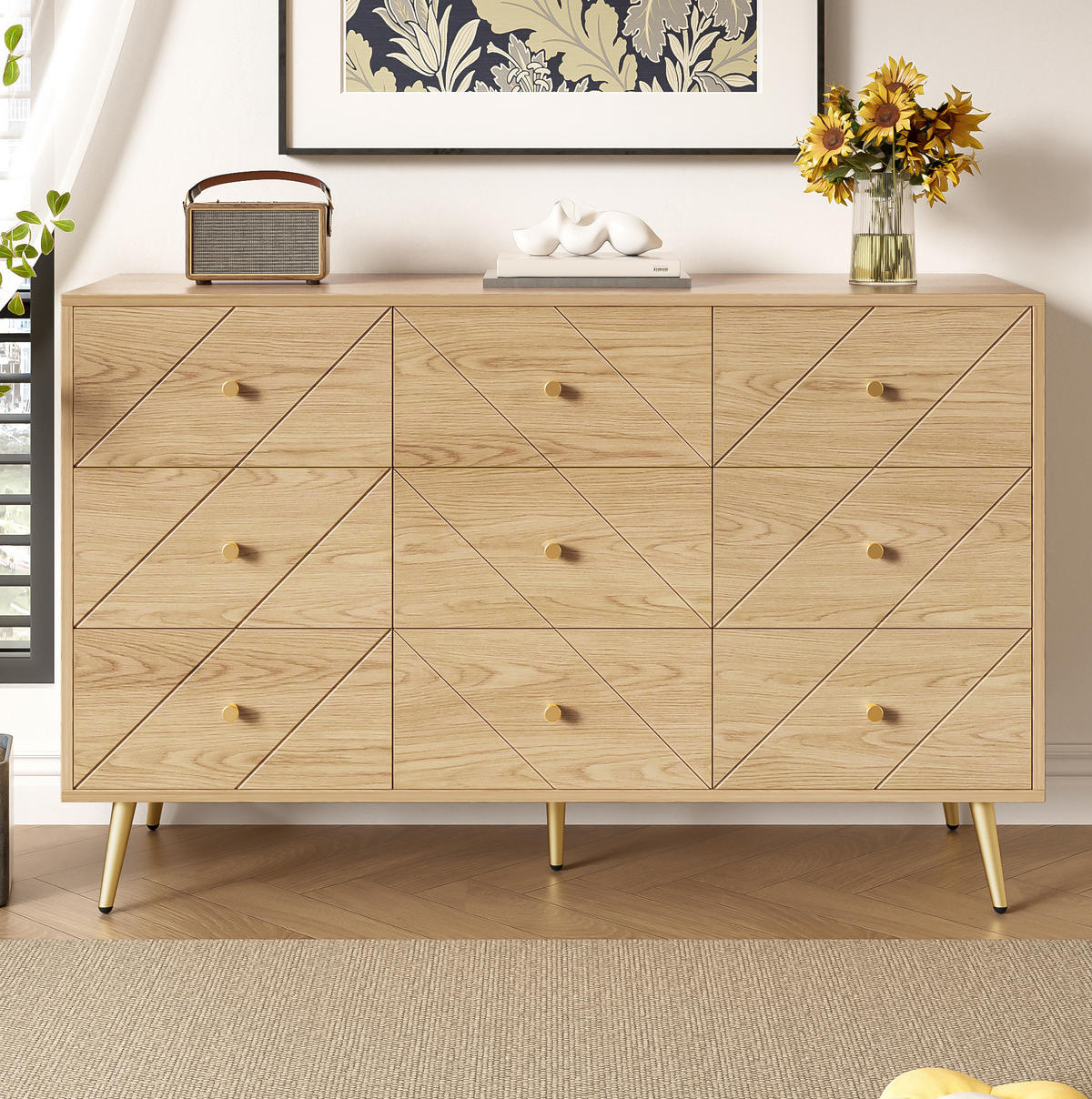 KOMMODE aus Spanplatte 120x39x80 cm Natur mit 9 Schubladen und Eisenbeinen - Naturfarben, Holzwerkstoff (39/80/120cm) - IVMEU