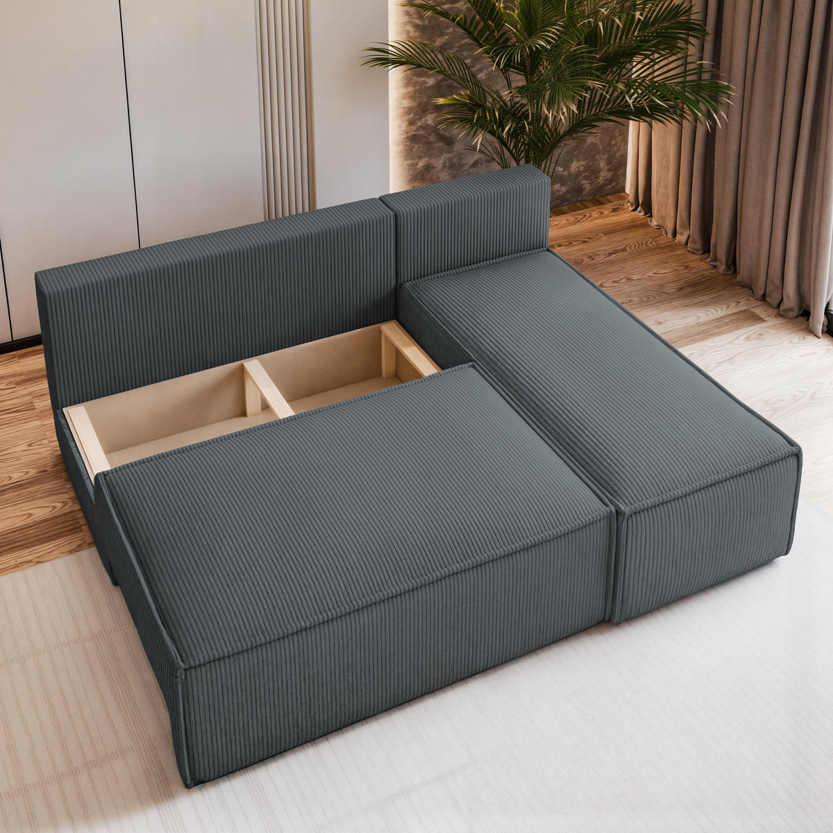 ECKSOFA BRISO P Grau Kordstoff mit Schlaffunktion - Grau, Holz (200/140cm) - MASSENO