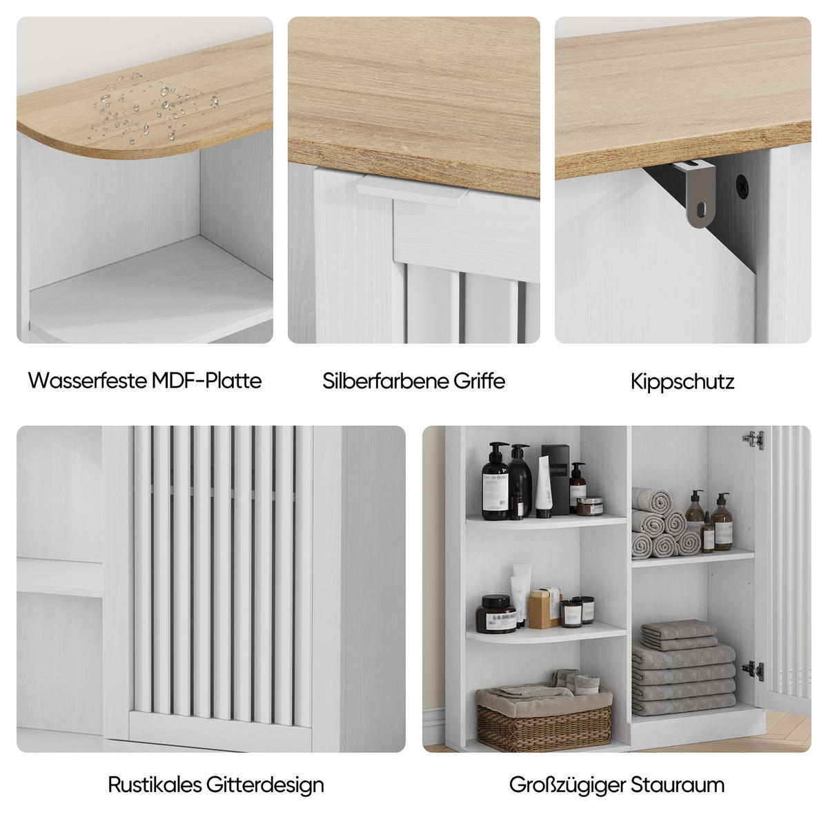 BADEZIMMERSCHRANK 68x25x76 cm Weiß & Eiche mit 3 offenen Regalen & Schrank - Weiß, Holzwerkstoff (68/76/25cm) - Modfu