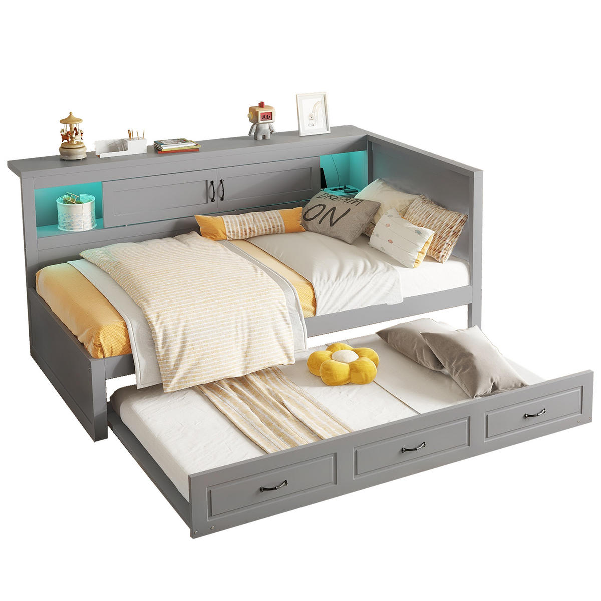 SCHLAFSOFA 90x200cm Grau LED-Licht Bettseite Staufach Ausziehbett USB - Grau, Holz (90/200cm) - FLIEKS