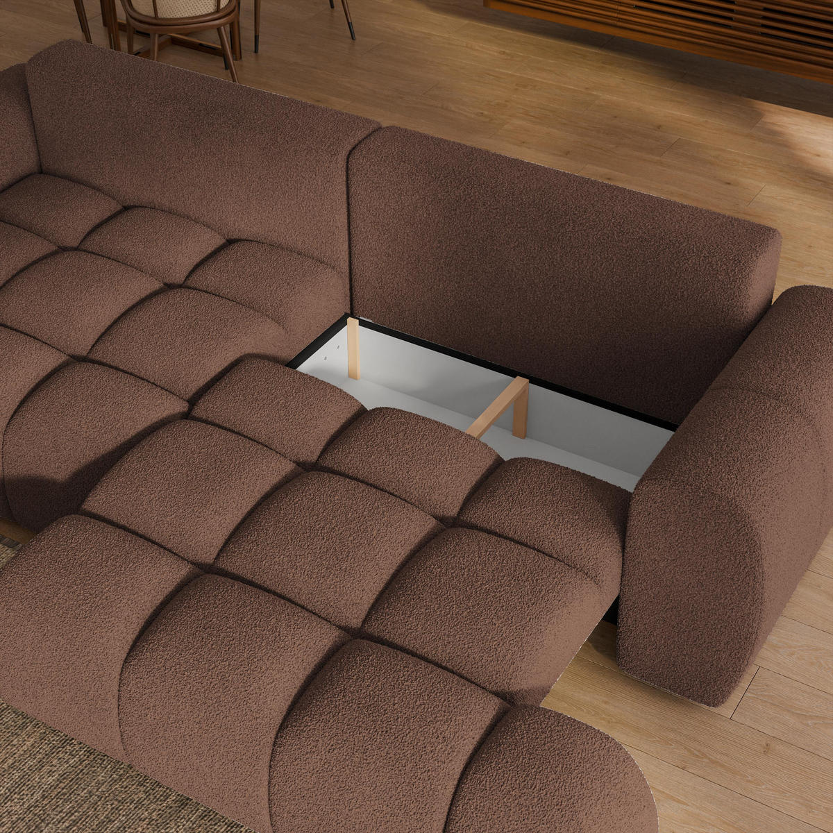 BETTSOFA DAFNE Braun Bucle-Stoff mit Schlaffunktion - Braun, Textil (300/88/113cm) - MASSENO