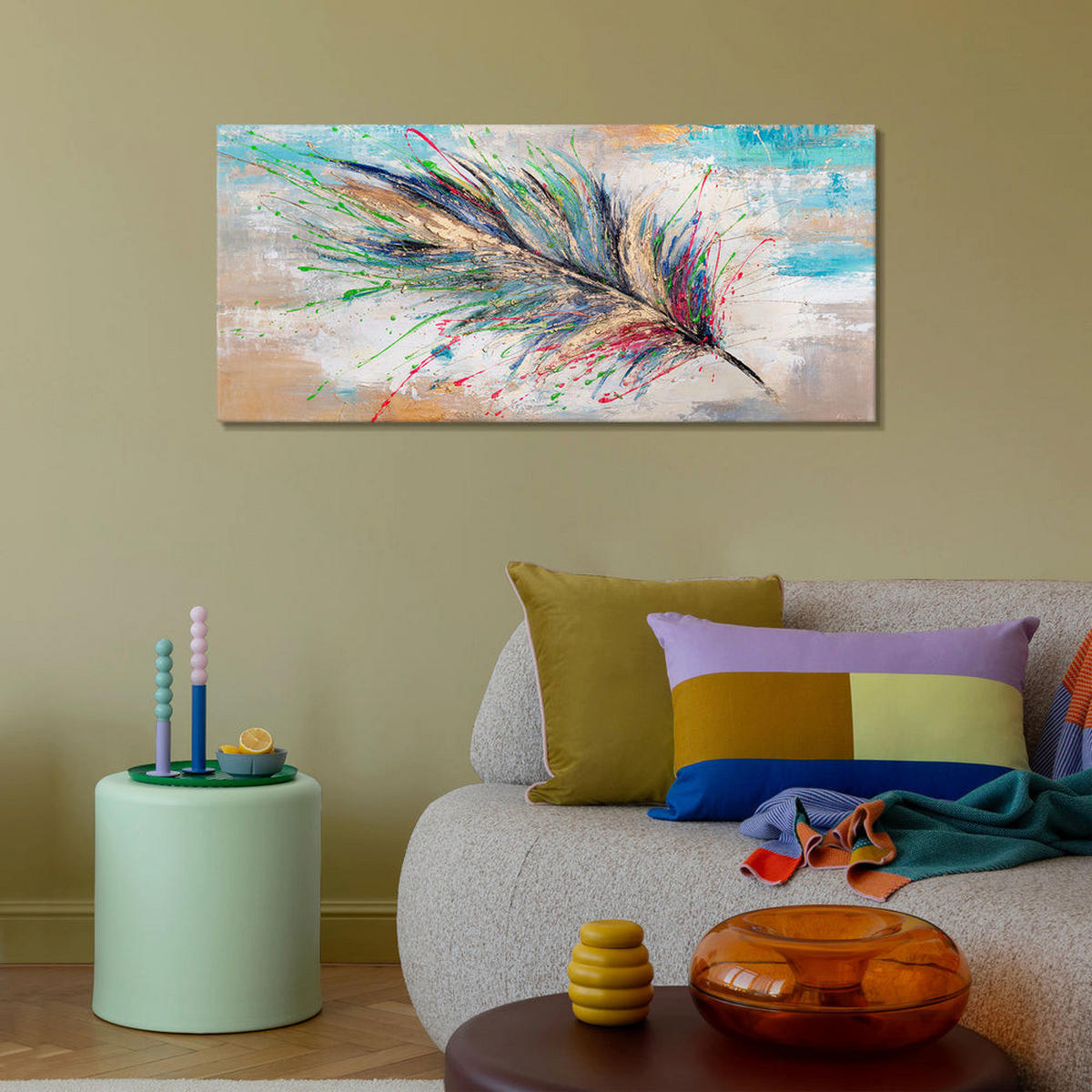 GEMÄLDE Leuchtendes Gefieder auf Keilrahmen 115x50 cm - Multicolor, Holz (115/50cm) - YS-art gallery