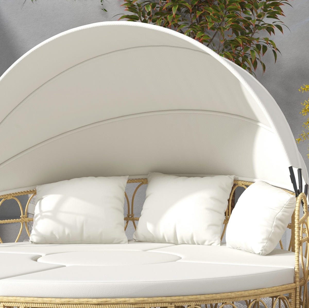 ZAHRADNÍ sedací souprava z umělého ratanu 178x85x66,5 cm krémově bílá se stříškou, 2 taburety a stolkem - bílá, přírodní materiály - Modfu