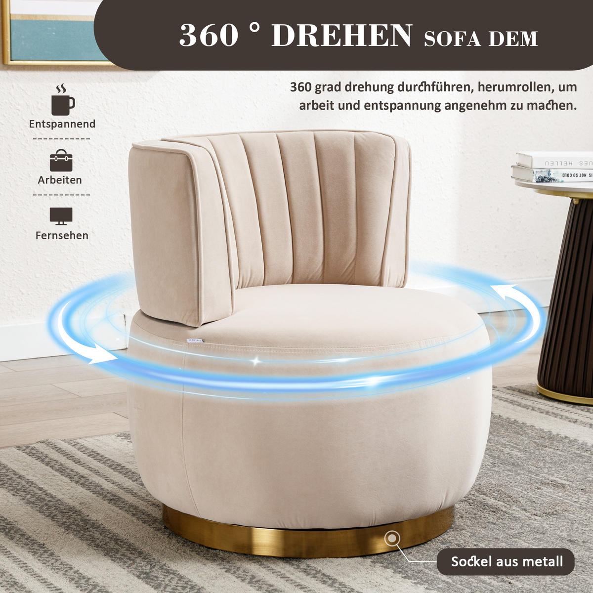 SESSEL Samt Beige drehbar - Beige, Holzwerkstoff/Textil (62.5/69.5/62cm) - WISHDOR