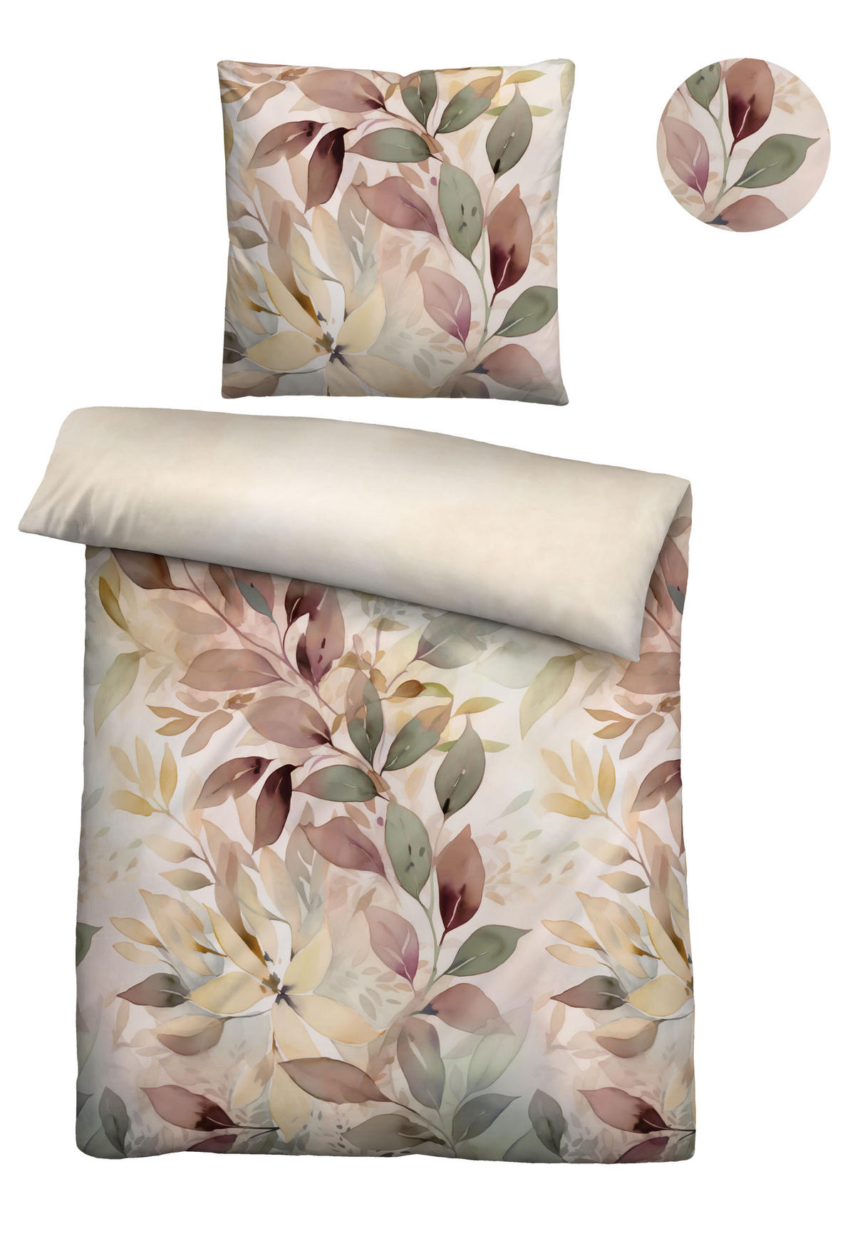 BETTWÄSCHE-GARNITUR Satin Blätterranke macchiato, 135x200 cm + 80x80 cm - Cappuccino, Textil (135/200cm) - biberna