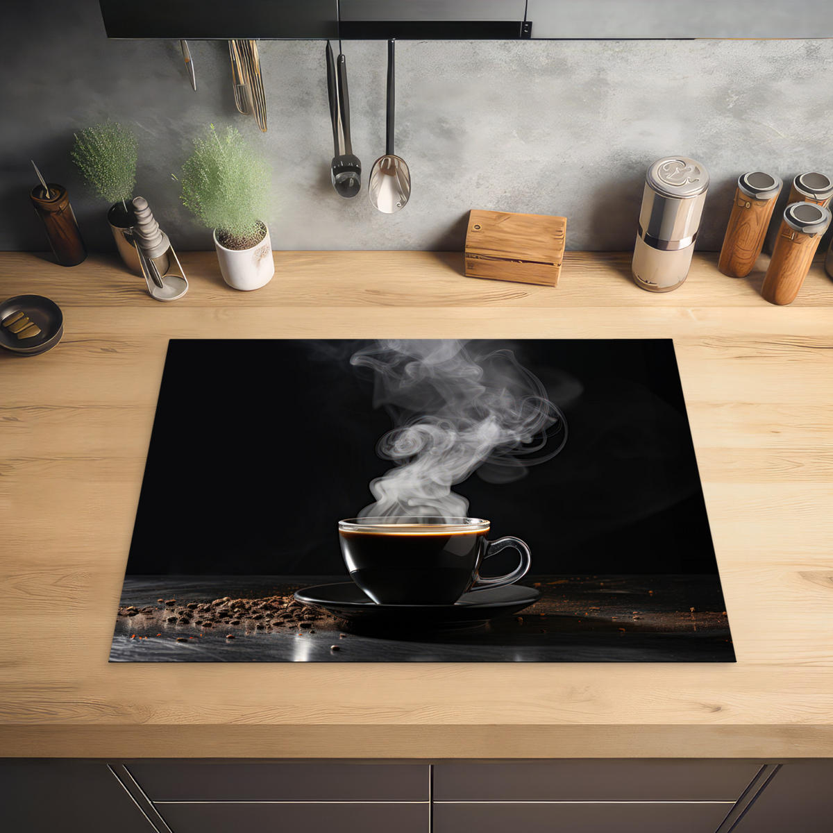 HERDABDECKPLATTE Kaffee - Schwarz - Bohnen - Heiß - Tasse Herdabdeckung Induktionsfeld 70x52 cm - Schwarz, Kunststoff (70/52/0.2cm) - MuchoWow