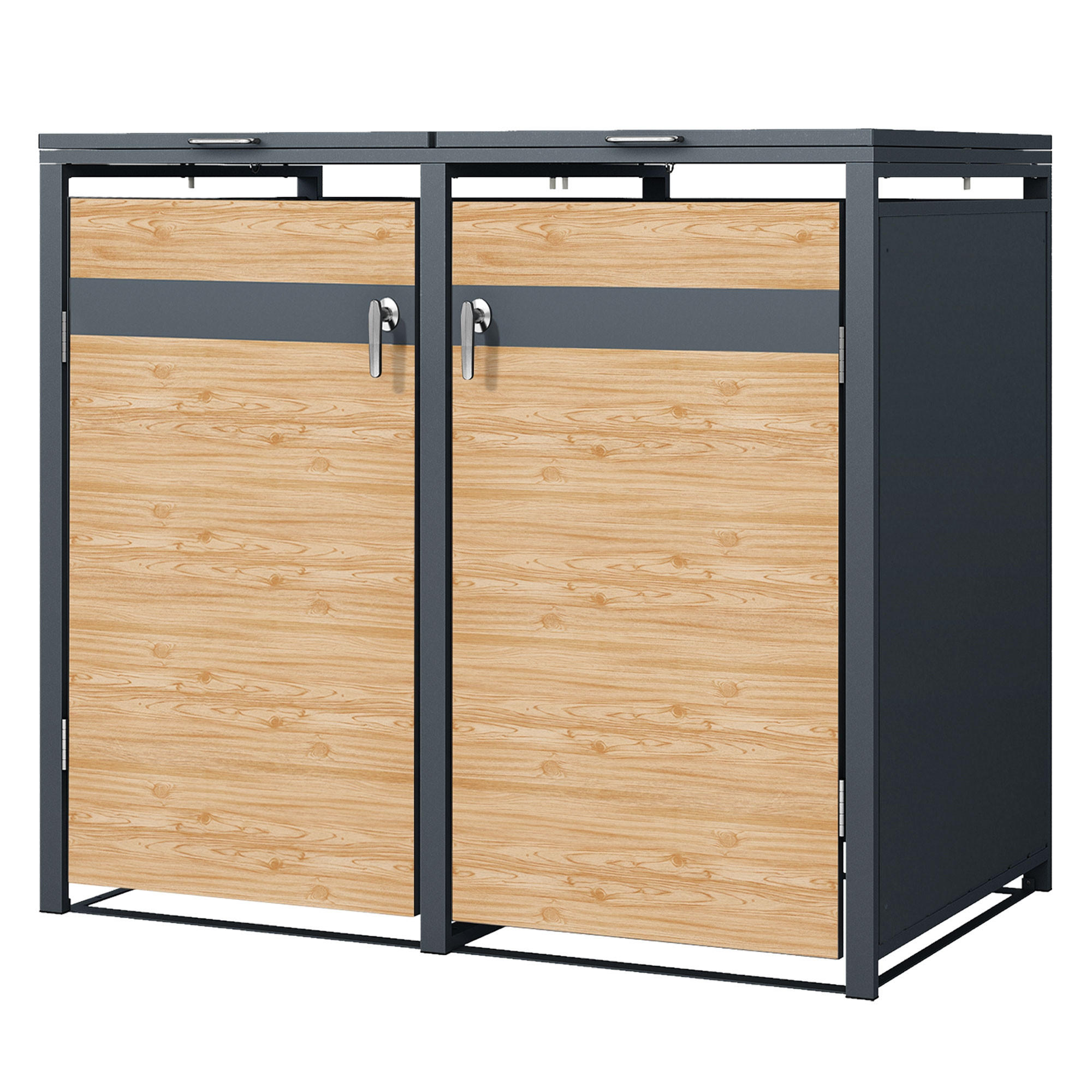 MÜLLTONNENBOX 2er Anthrazit-Lärchenoptik - Naturfarben, Metall (132/116.3/80cm) - ML-DESIGN