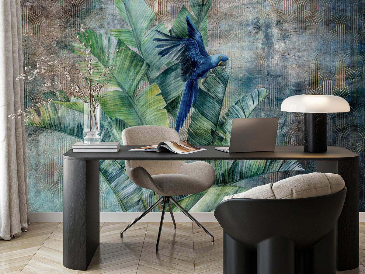FOTOTAPETA Pre Obývaciu Izbu Retro Papagáj Tropické Listy 250 x 175 cm - hnedá/modrá, papier (250/175cm) - Muralo