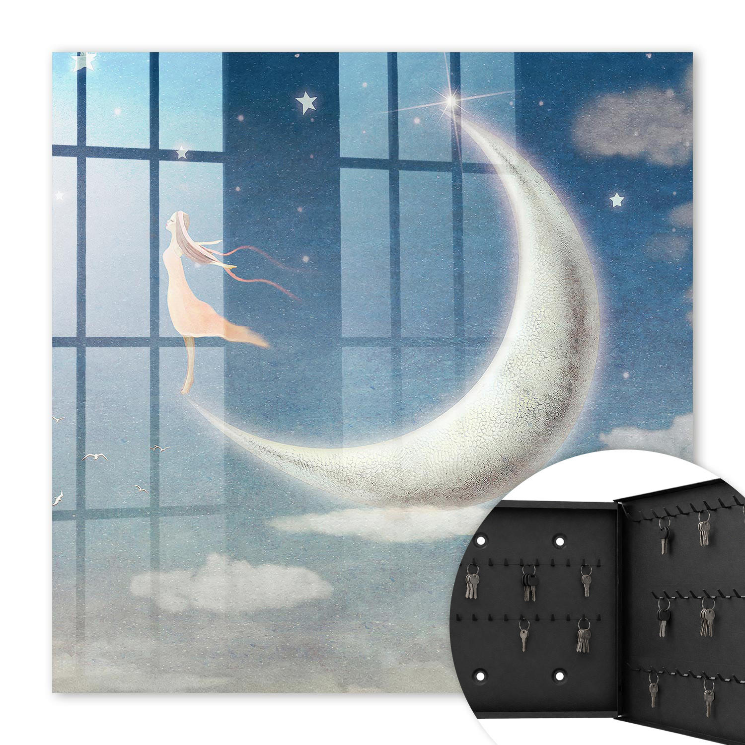 SCHLÜSSELBOX Schwarz 30x30 cm- Türöffnung nach rechts - Himmlische Reise - Blau, Metall (30/30/5cm) - TULUP
