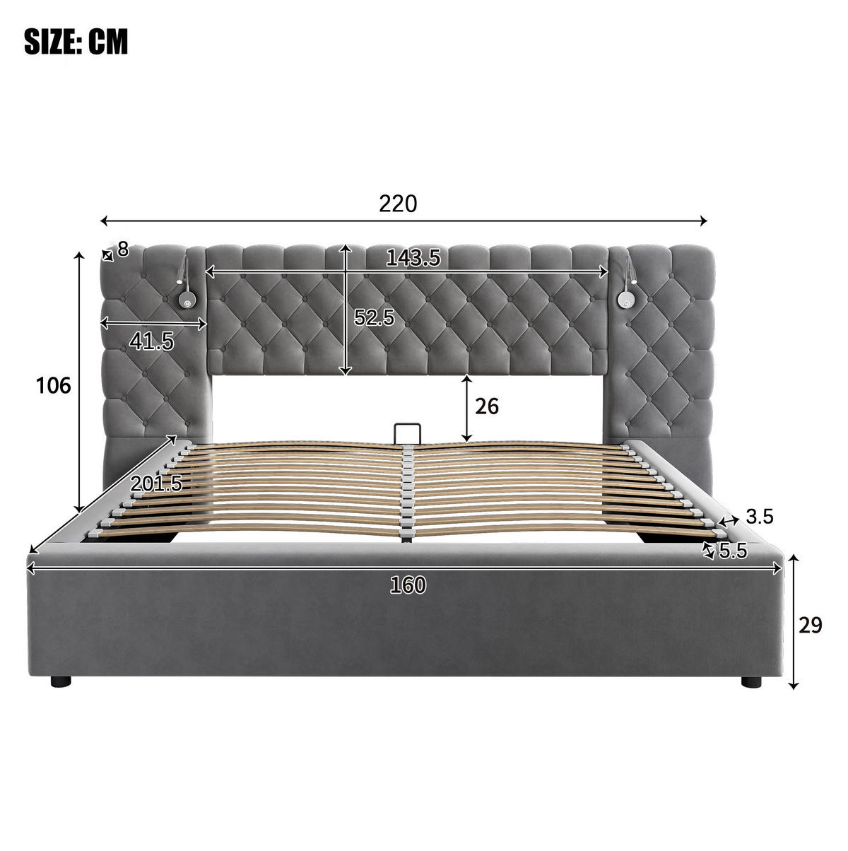 POLSTERBETT 160/200 cm Grau aus Samt mit Stauraum und Leselicht - Grau, Textil (160/200cm) - OKMYHOME