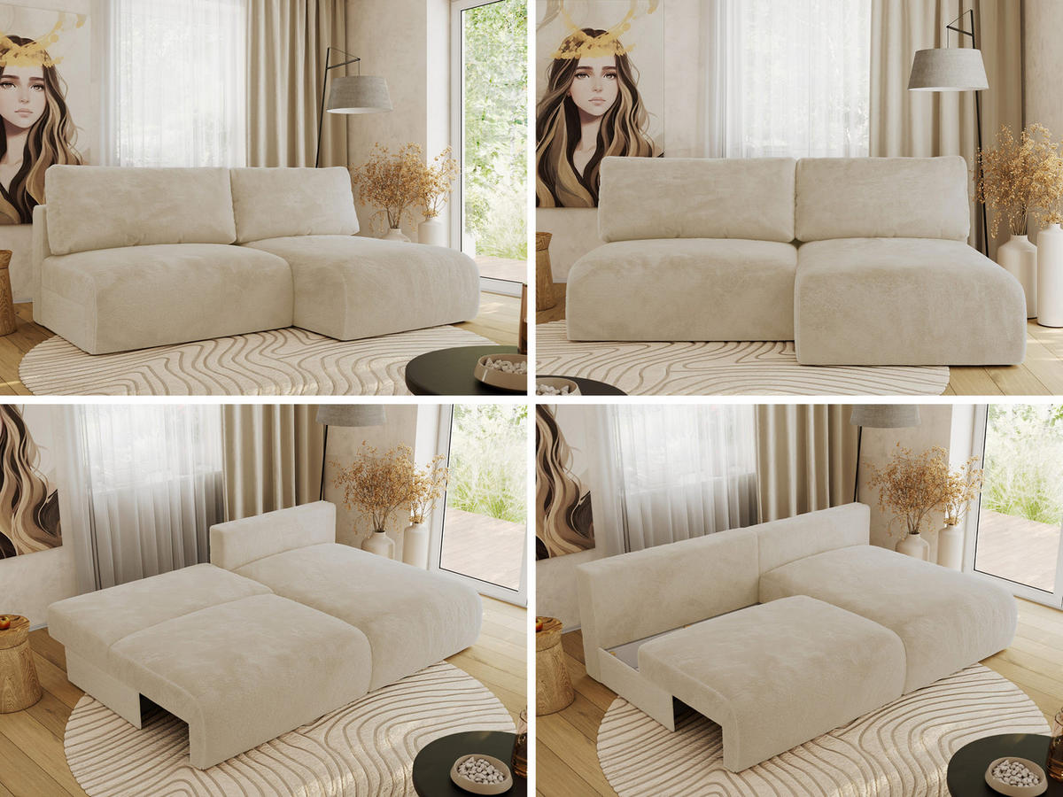 ECKSCHLAFSOFA VIVO L Creme Plüsch - rechts - Creme/Schwarz, Kunststoff/Textil (150/223cm) - MKS