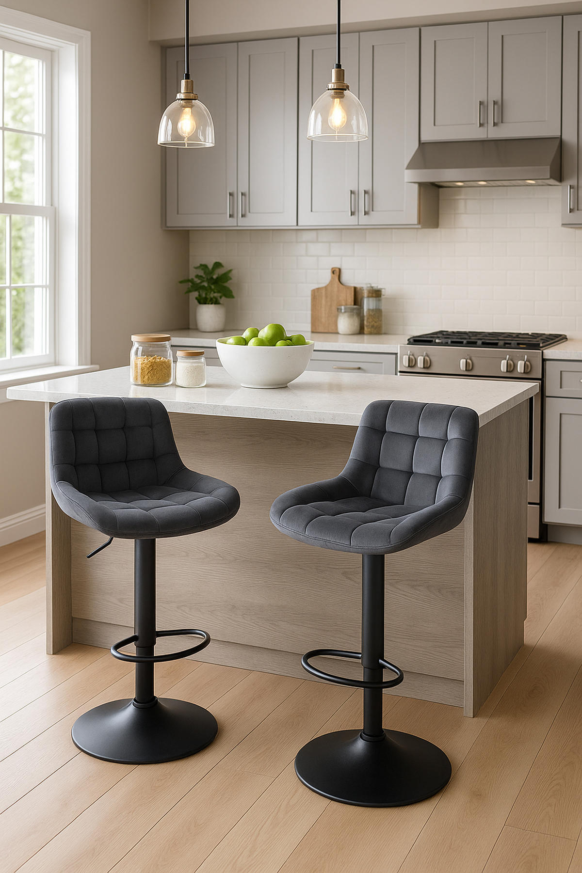 BARHOCKER 2er Set Tower Samt dunkelgrau - Schwarz/Grau, Textil/Metall (48/105/54cm) - TPFLiving