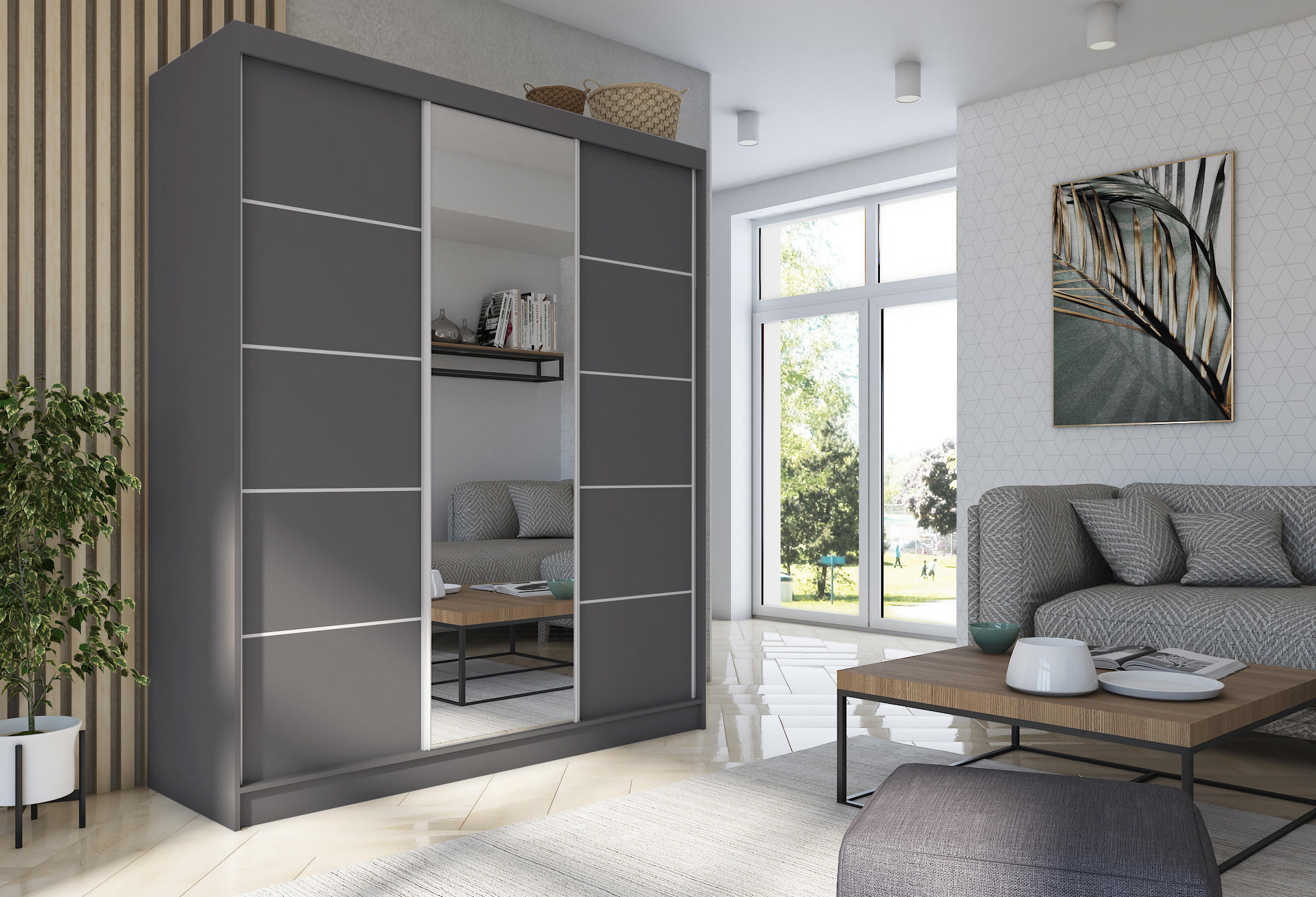 SCHWEBETÜRENSCHRANK MIRELLA 180/216/61 cm 3-türig mit Spiegel Grau - Grau, Holzwerkstoff (180/216/61cm) - MASSENO