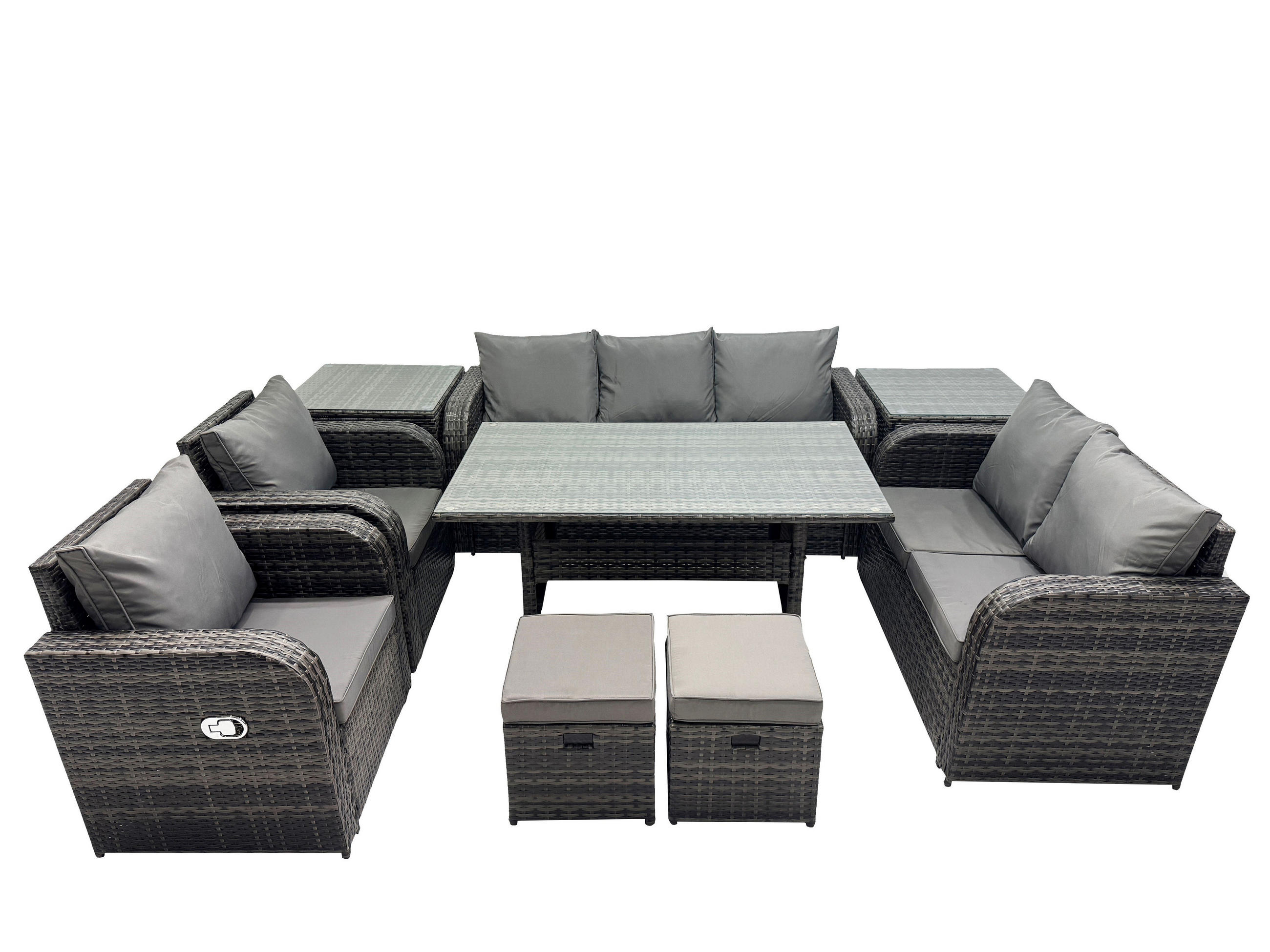 Gartenmöbelset mit Esstisch,3-Sitzer Sofa,2 Hockern,2 Beistelltischen Polyrattan Dunkelgrau 9-Sitzer - Dunkelgrau/Grau, Glas/Kunststoff - Fimous