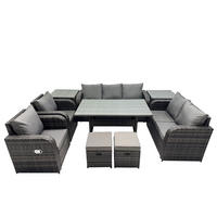 Gartenmöbelset mit Esstisch,3-Sitzer Sofa,2 Hockern,2 Beistelltischen Polyrattan Dunkelgrau 9-Sitzer - Dunkelgrau/Grau, Glas/Kunststoff - Fimous