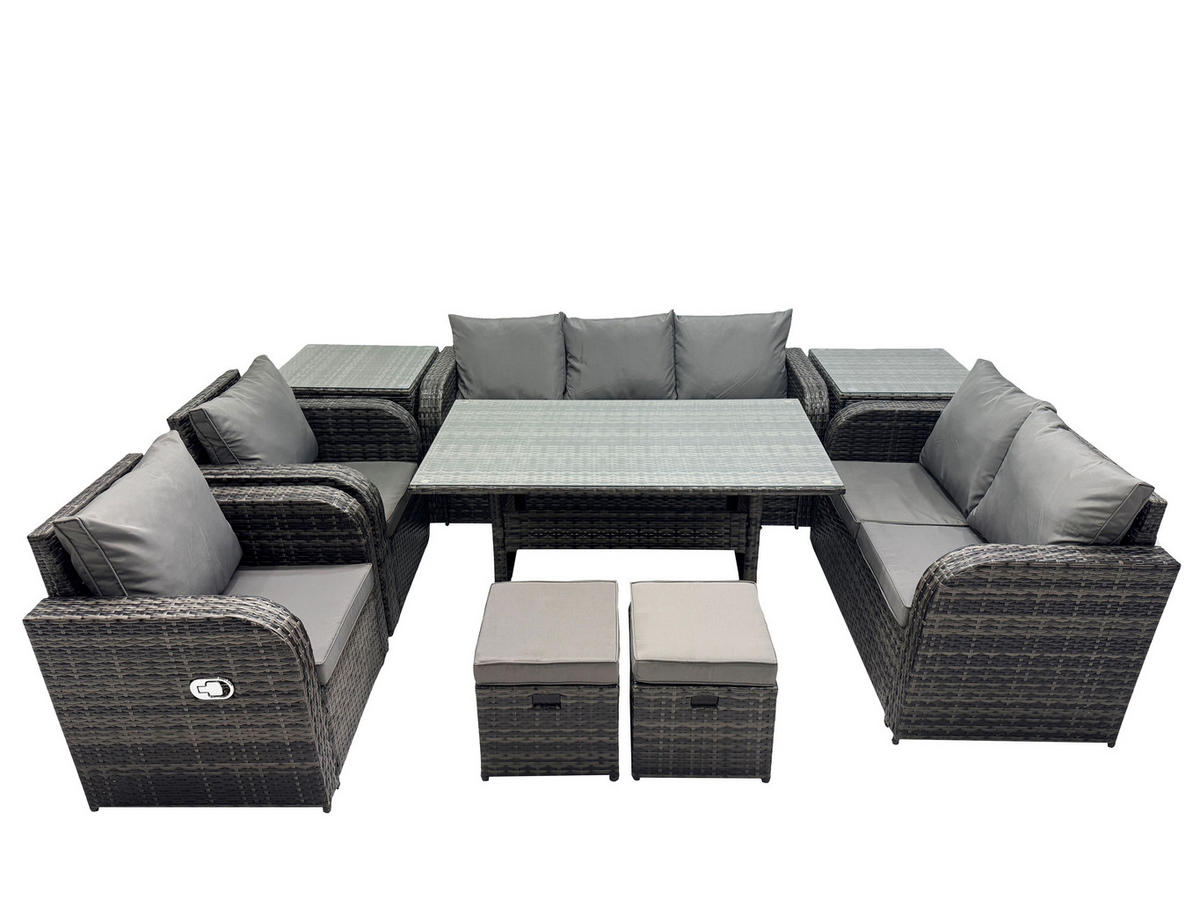 Gartenmöbelset mit Esstisch,3-Sitzer Sofa,2 Hockern,2 Beistelltischen Polyrattan Dunkelgrau 9-Sitzer - Dunkelgrau/Grau, Glas/Kunststoff - Fimous