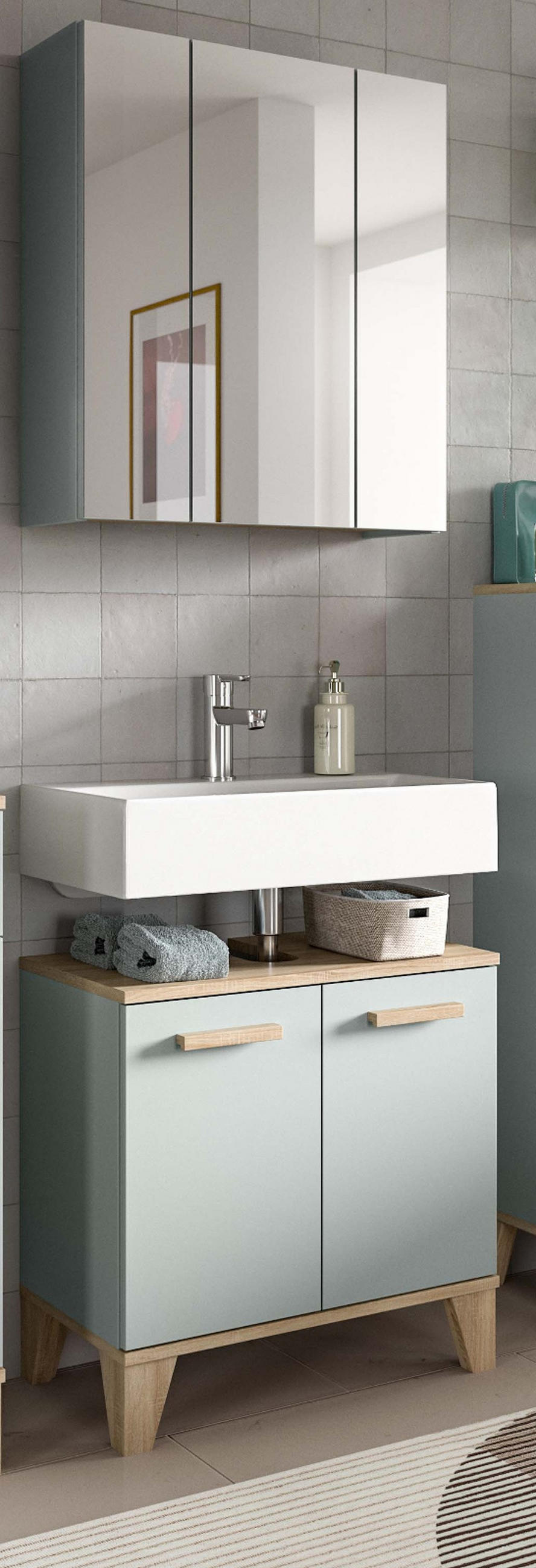 BADMÖBEL-SETGRÜN, Eiche 2-teilig 60 x 190 cm, Badkombination skandinavisches Design - Eichefarben/Grün, Glas/Holzwerkstoff (60/190/34cm) - Inn.Furn