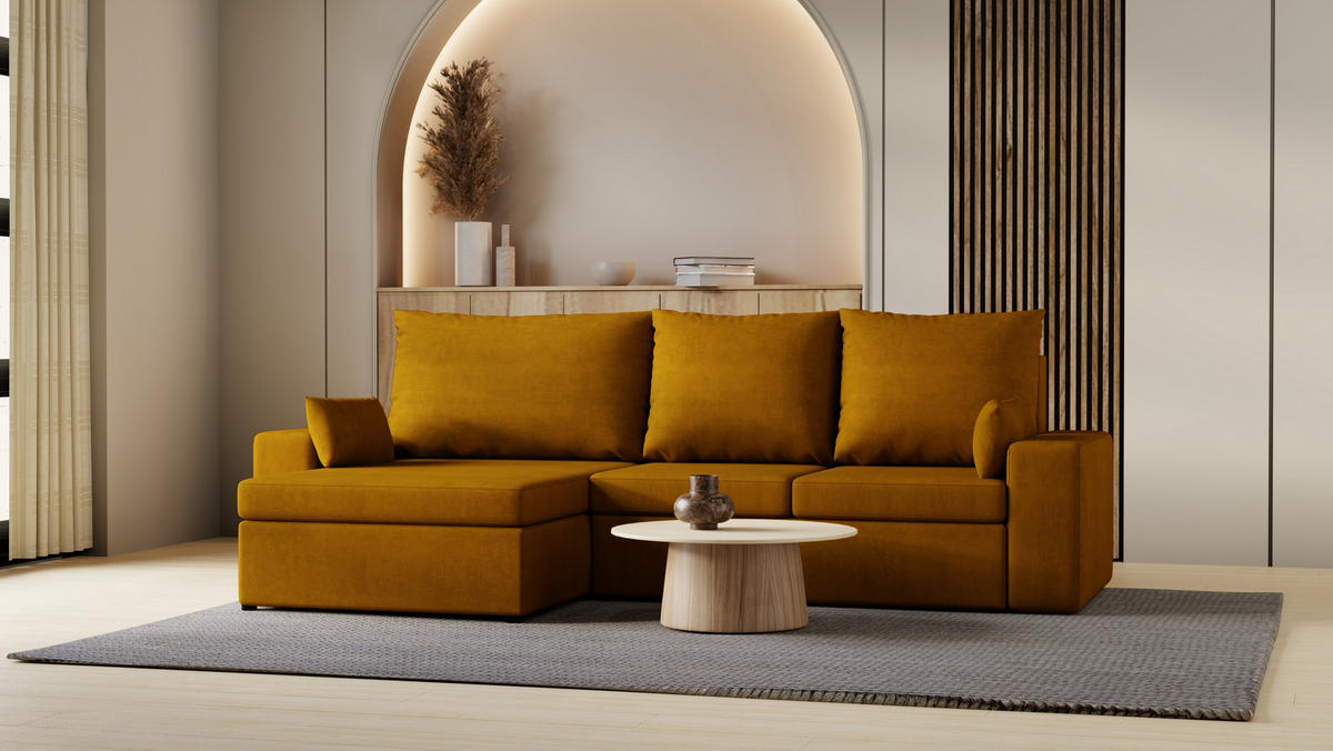 ECKSOFA Paco mit Bettkasten und Schlaffunktion, L-Form/XL-Form, Velourstoff, Universal - Currygelb, Holzwerkstoff (276/145cm) - 4ALL HOME