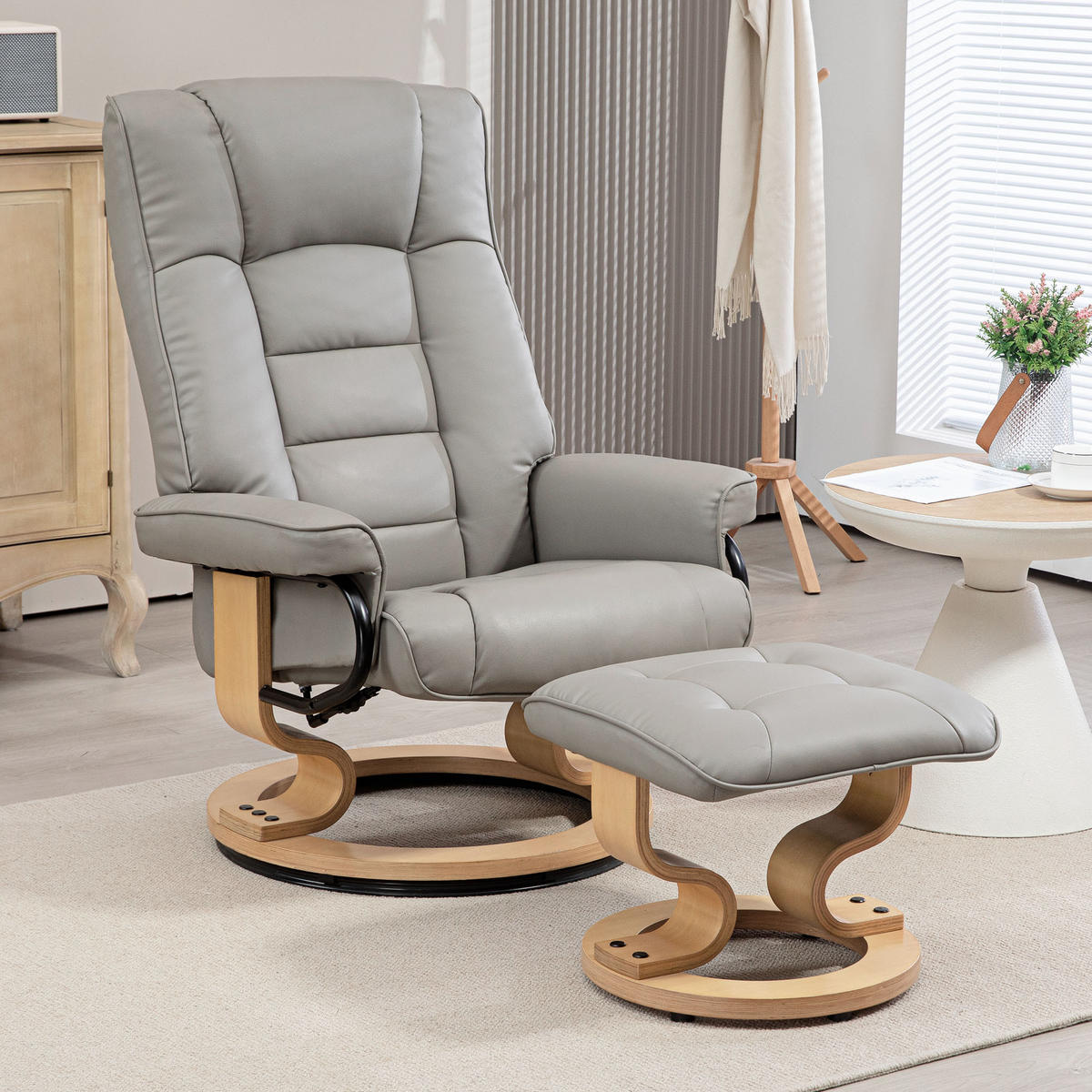 RELAXSESSEL mit Hocker, Drehbar Fernsehsessel mit Liegefunktion Kunstleder, Grau - Grau, Leder (85/104/76cm) - HOMCOM