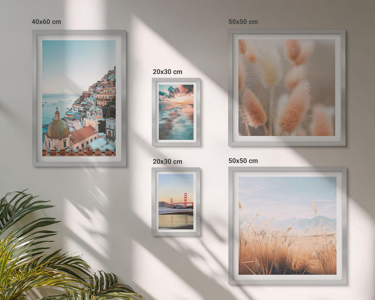 BILDER SET 5er Set - 50x50 cm & 20x30 cm & 40x60 cm Silberner Rahmen - Sonnenuntergang am Meer, Häuser, Blumen - Silberfarben, Kunststoff (40/60cm) - TULUP
