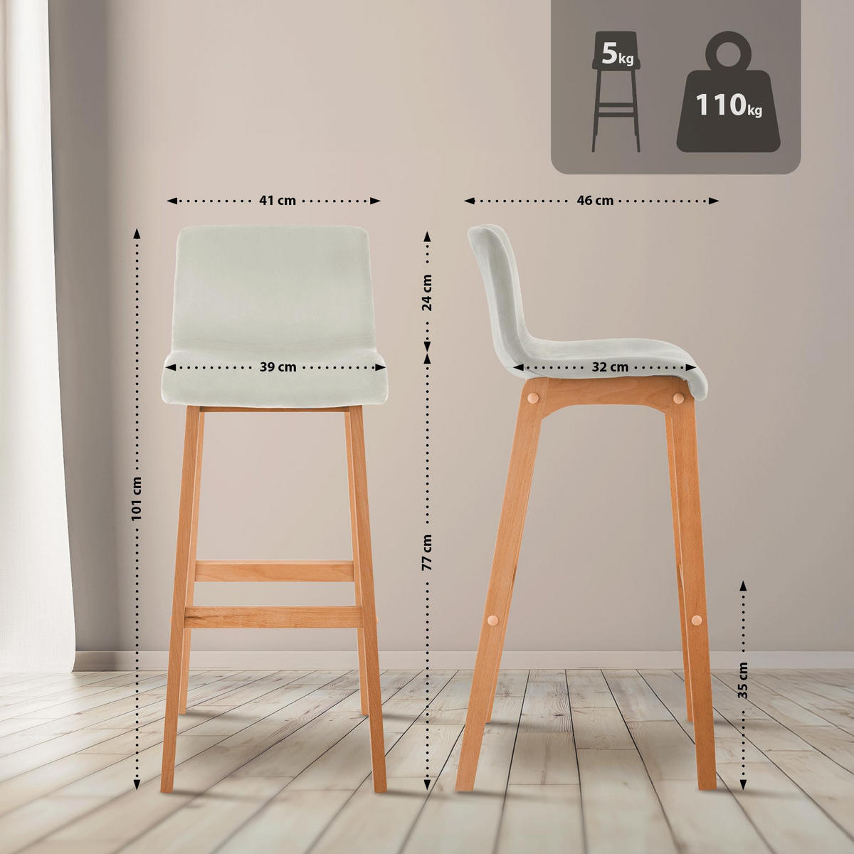 BARHOCKER Samt Creme - Eukalyptusholzfarben/Creme, Holz/Textil (41/101/46cm) - CLP