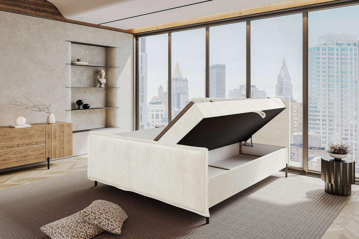 BOXSPRINGBETT VERO PLUS Cordstoff Creme 140/200 cm - Creme/Schwarz, Holzwerkstoff/Textil (140/200cm) - 99rooms