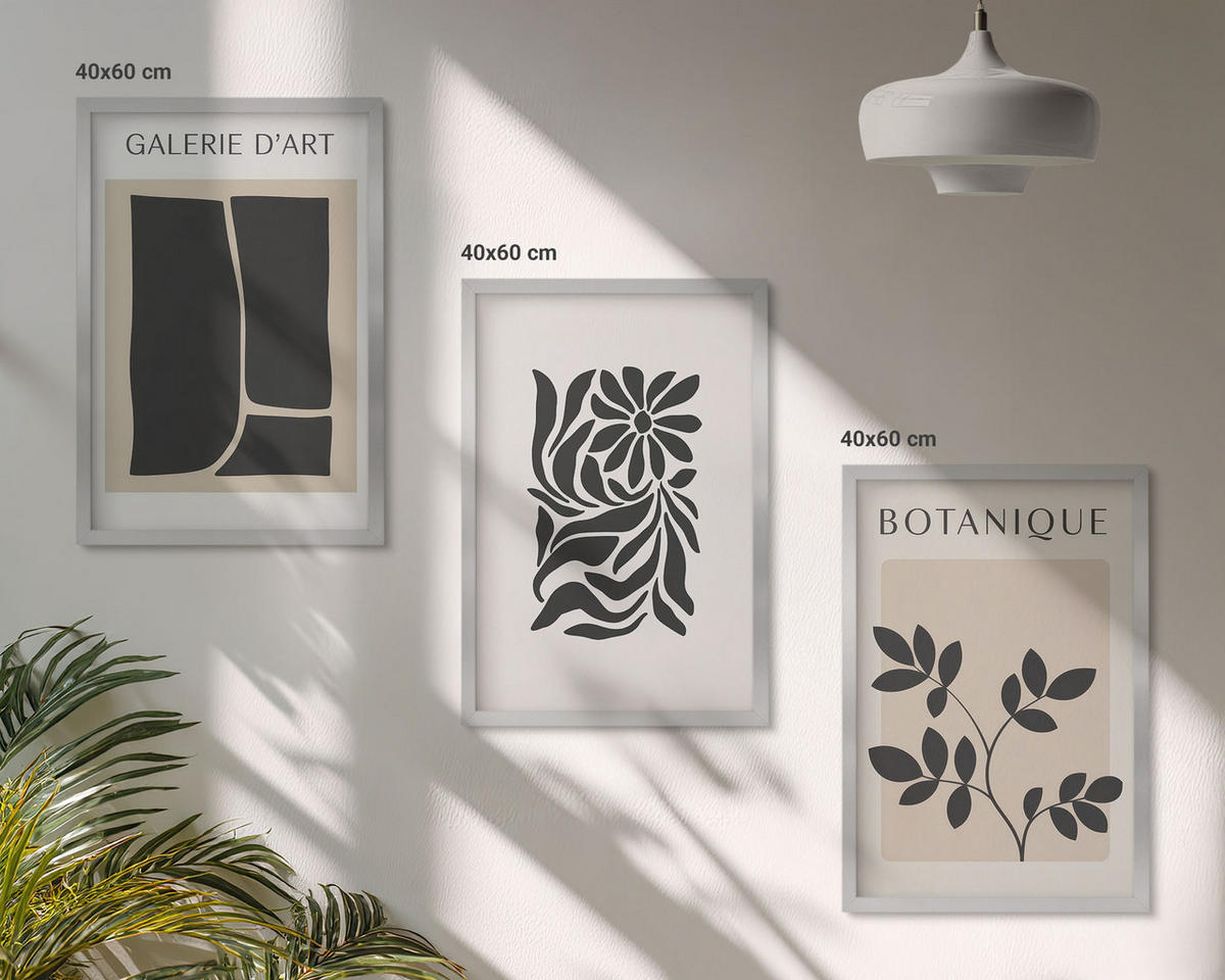 WANDBILDER 3er Set - 40x60 cm Silberner Rahmen - Abstrakte Pflanzenmuster - Silberfarben, Kunststoff (40/60cm) - ArtPrintCave