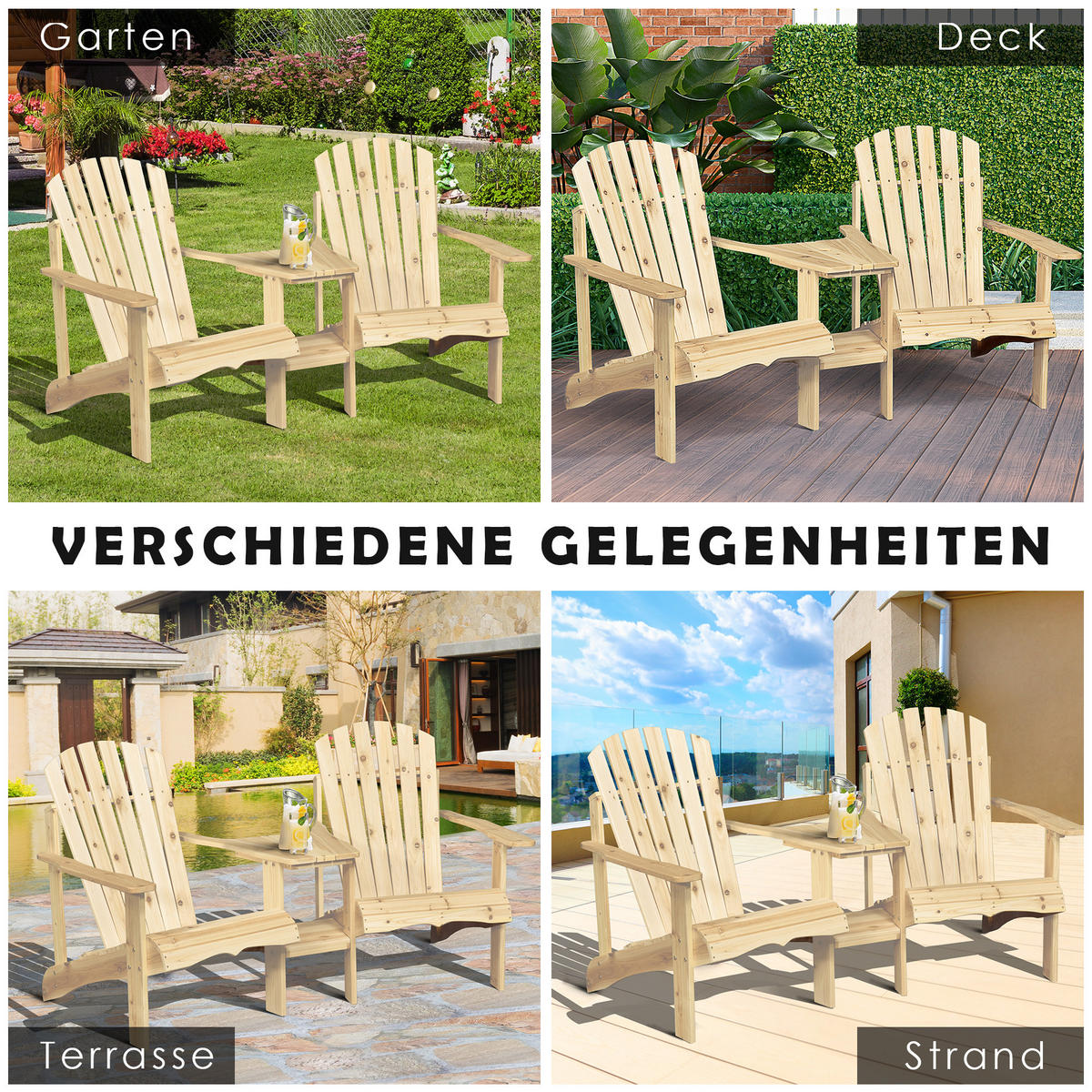 GARTENSTUHL mit Tisch und Schirmloch für Balkon Massivholz Natur 178 x 87 x 92 cm - Naturfarben, Holz (87/94/170cm) - Outsunny