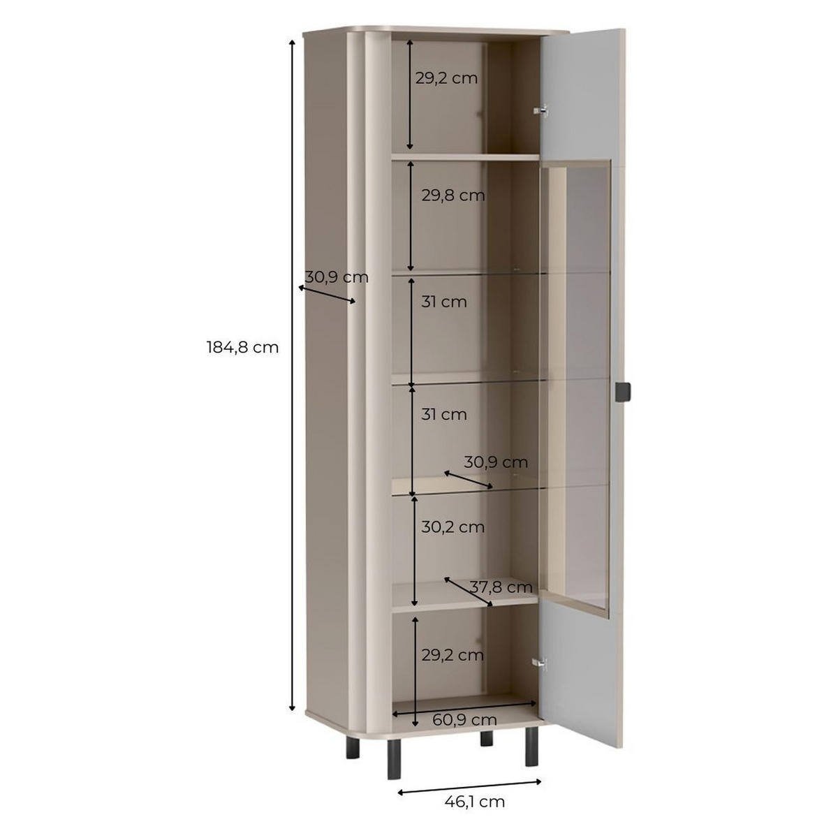 VITRINE Novado NO-4 65,3 x 200 x 40,5 cm Greige - Greige, Glas/Holzwerkstoff (65.3/200/40.5cm) - Koseto