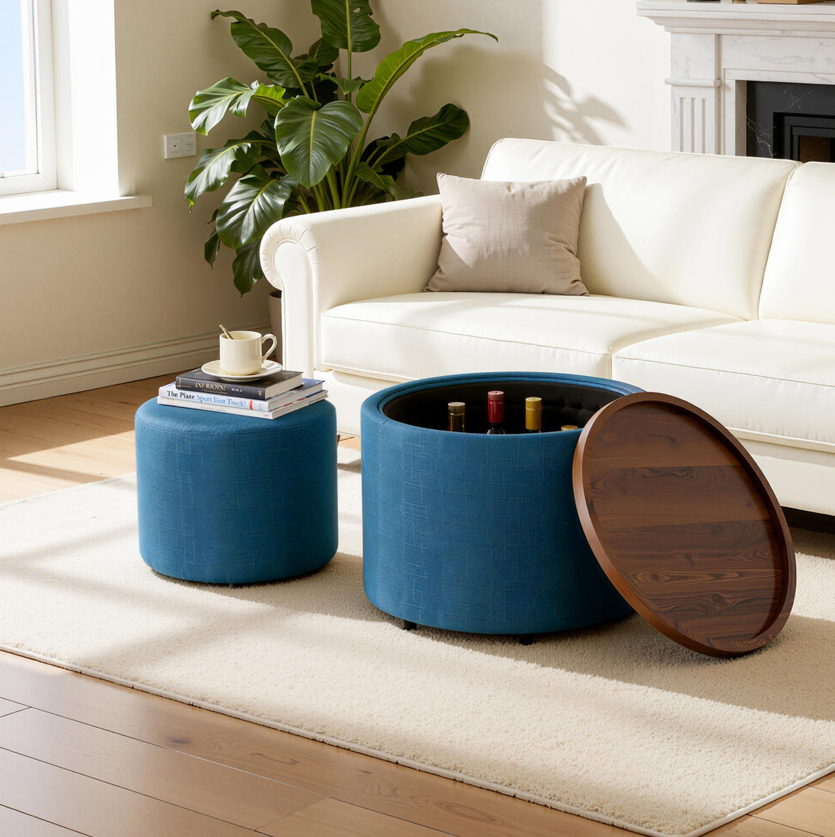 COUCHTISCH 58/58/38 cm mit Stauraum, Holzablage und Nestfunktion, Leinenbezug, Blau - Blau, Textil (58/58/38cm) - Redom