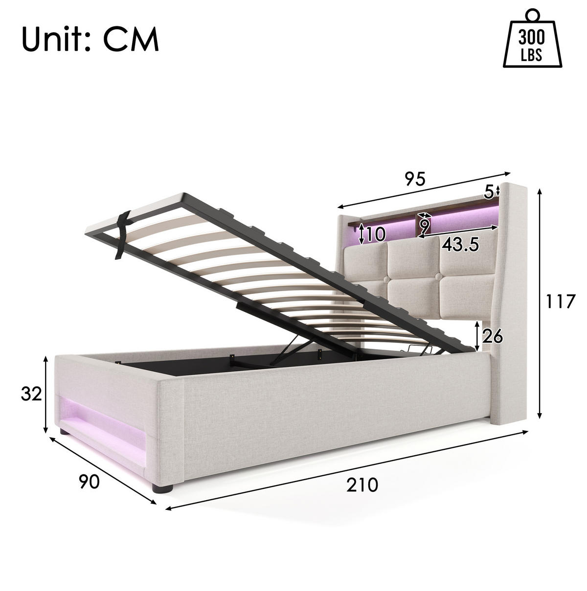 POLSTERBETT mit Stauraum, USB und LED 90x200 cm Beige - Beige, Metall (90/200cm) - Meubliv