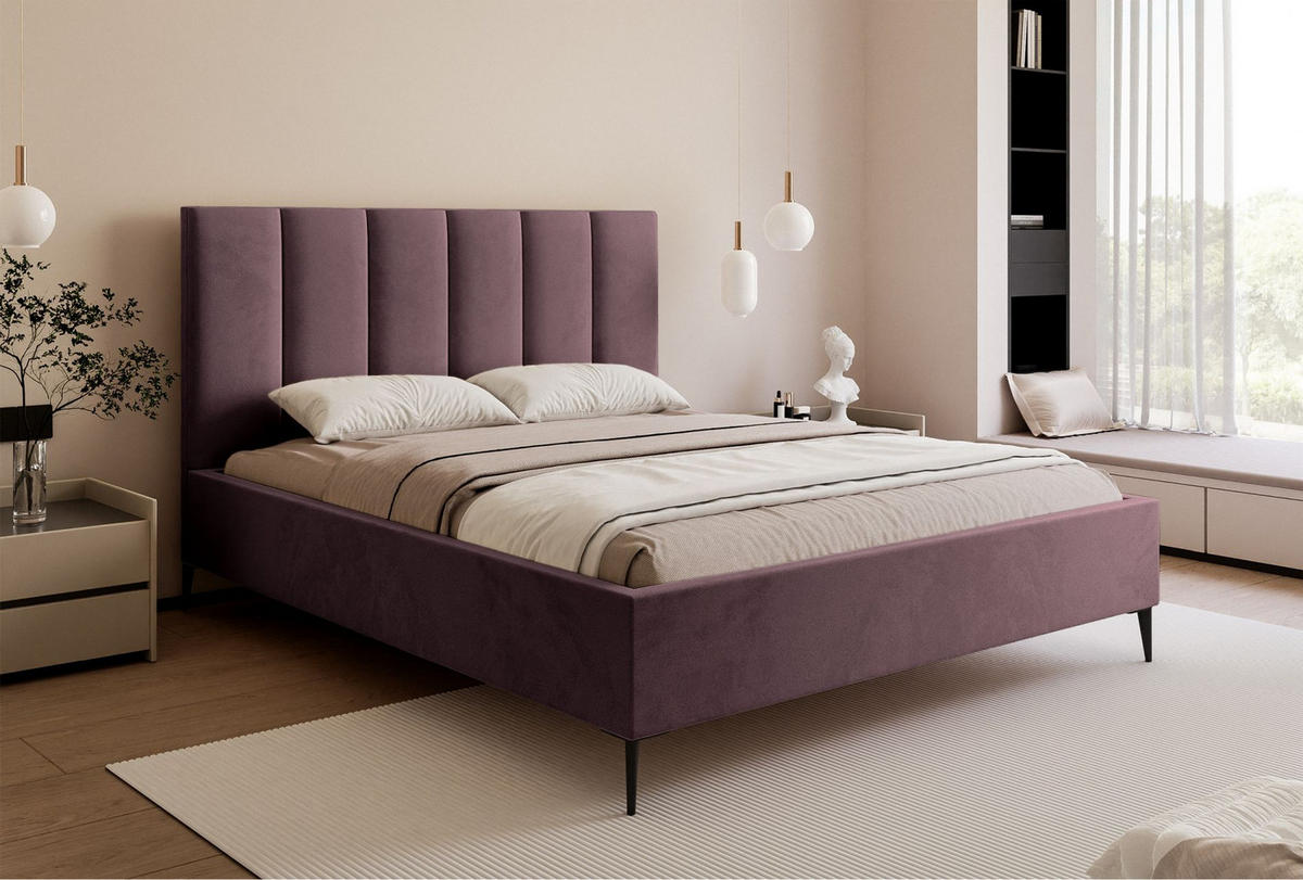 POLSTERBETT Masego Violett mit Metallbeinen, Velours, 140x200 cm - Lila/Schwarz, Textil/Metall (140/200cm) - Selsey