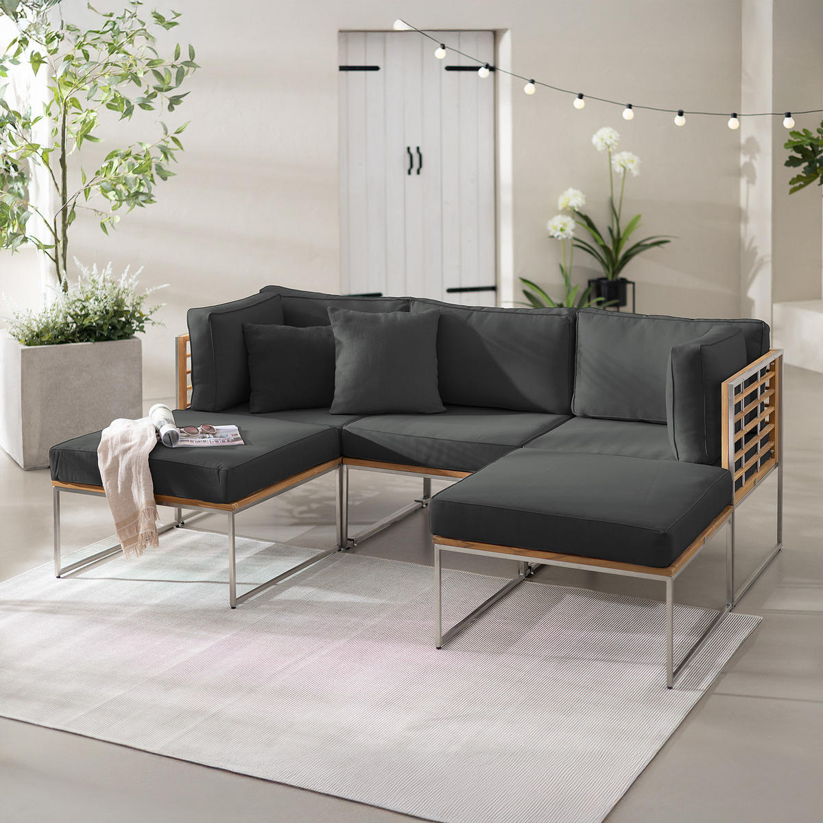 LOUNGESET - 5-teilig - Webstoff / Teak massiv - Anthrazit, Holz/Textil - home24