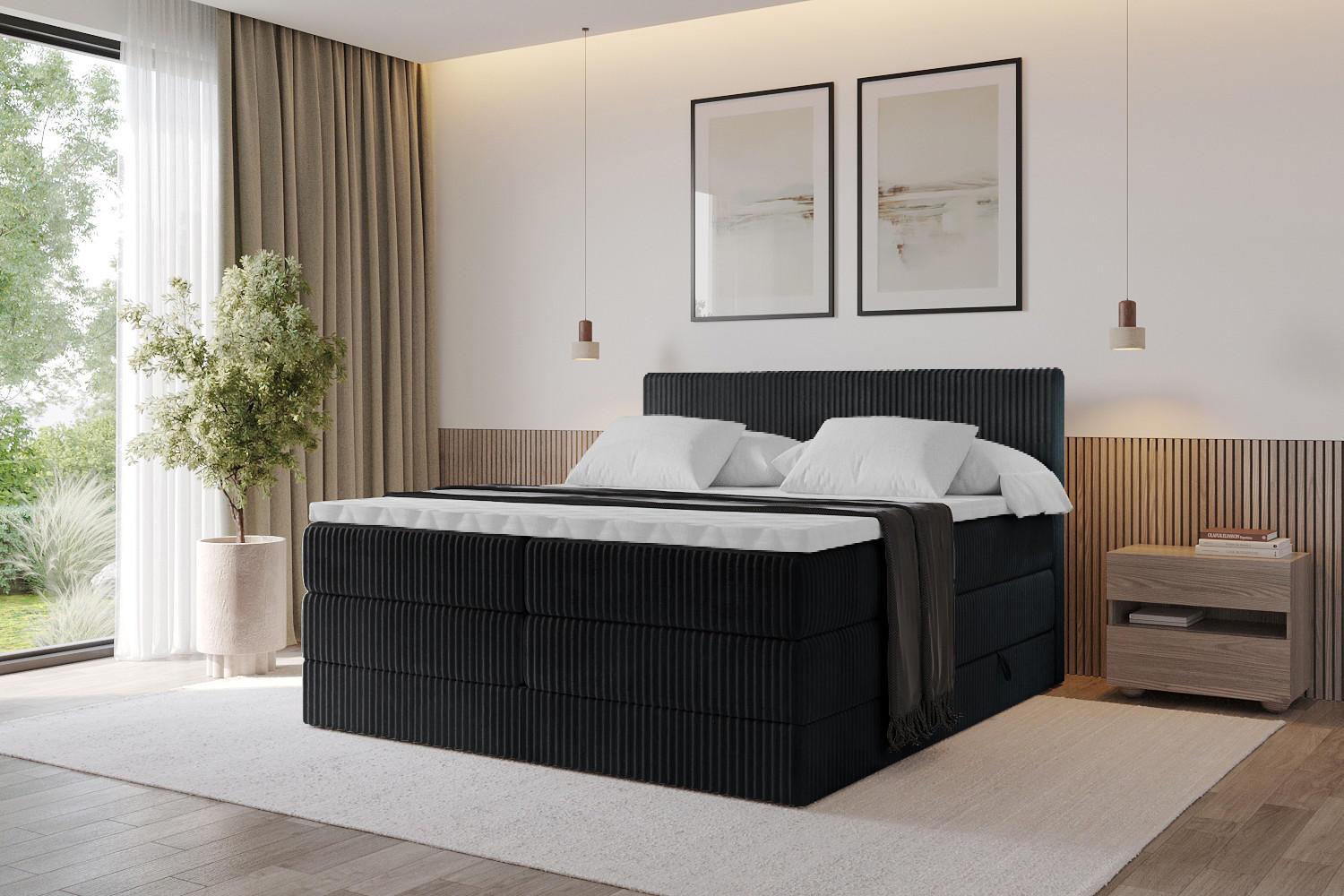 BOXSPRINGBETT mit Matratze H3|H4 und Lattenrost - TOLO KING 120x200 Cord - Schwarz - Schwarz, Holzwerkstoff (120/200cm) - ALTDECOR