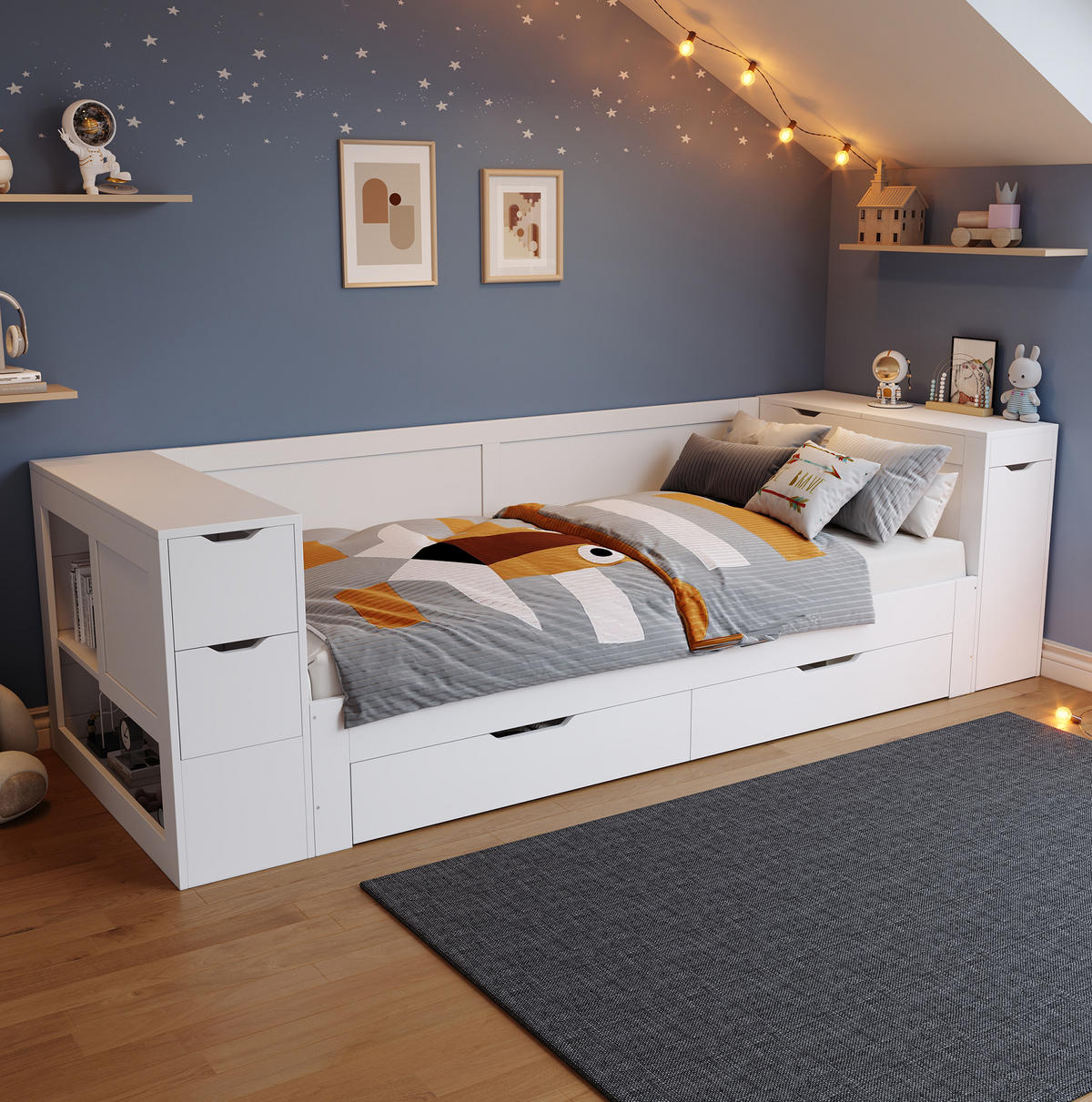 DJEČJI krevet od MDF-a 90x190 cm bijela s ladicama, bočnim prostorom za odlaganje i kliznim noćnim ormarićem - bijela, drvni materijal (90/190cm) - Modfu