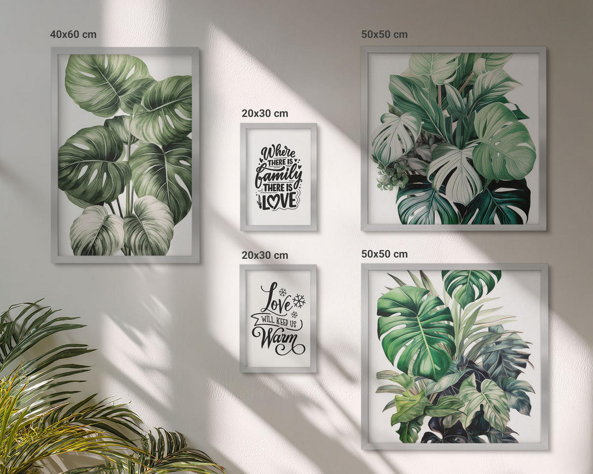 WANDBILDER 5er Set - 50x50 cm & 20x30 cm & 40x60 cm Silberner Rahmen - Gemalte Abstraktionen der Natur - Silberfarben, Kunststoff (40/60cm) - ArtPrintCave