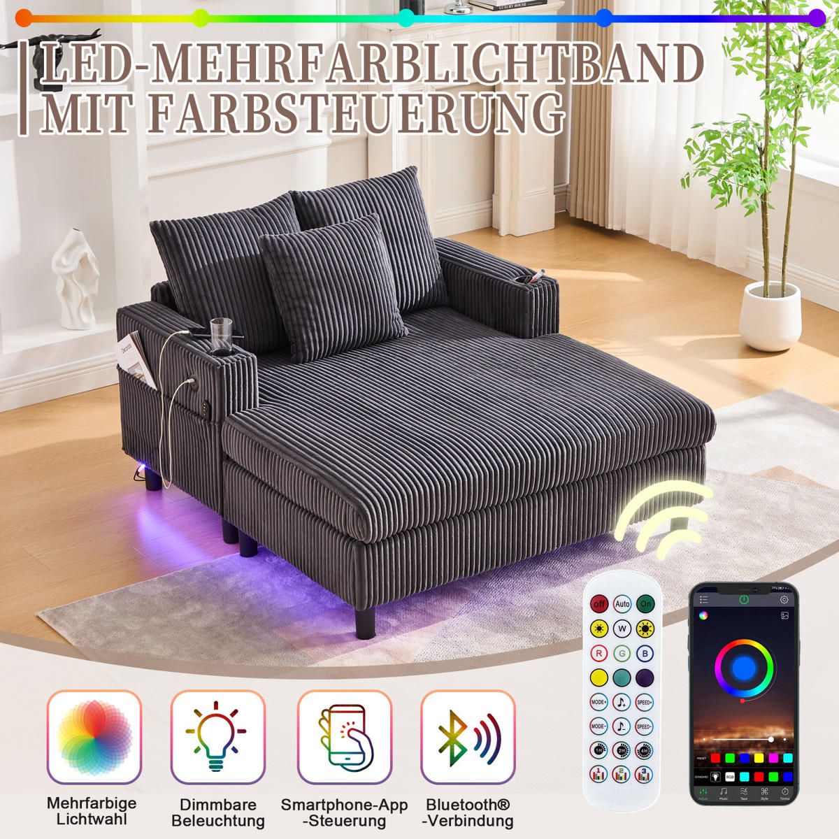 SCHLAFSOFA,SCHLAFCOUCH Grau, Cordbezug mit Beleuchtung&USB und Getränkehalter - Grau, Textil (142/85/128cm) - PARAFTA HOME