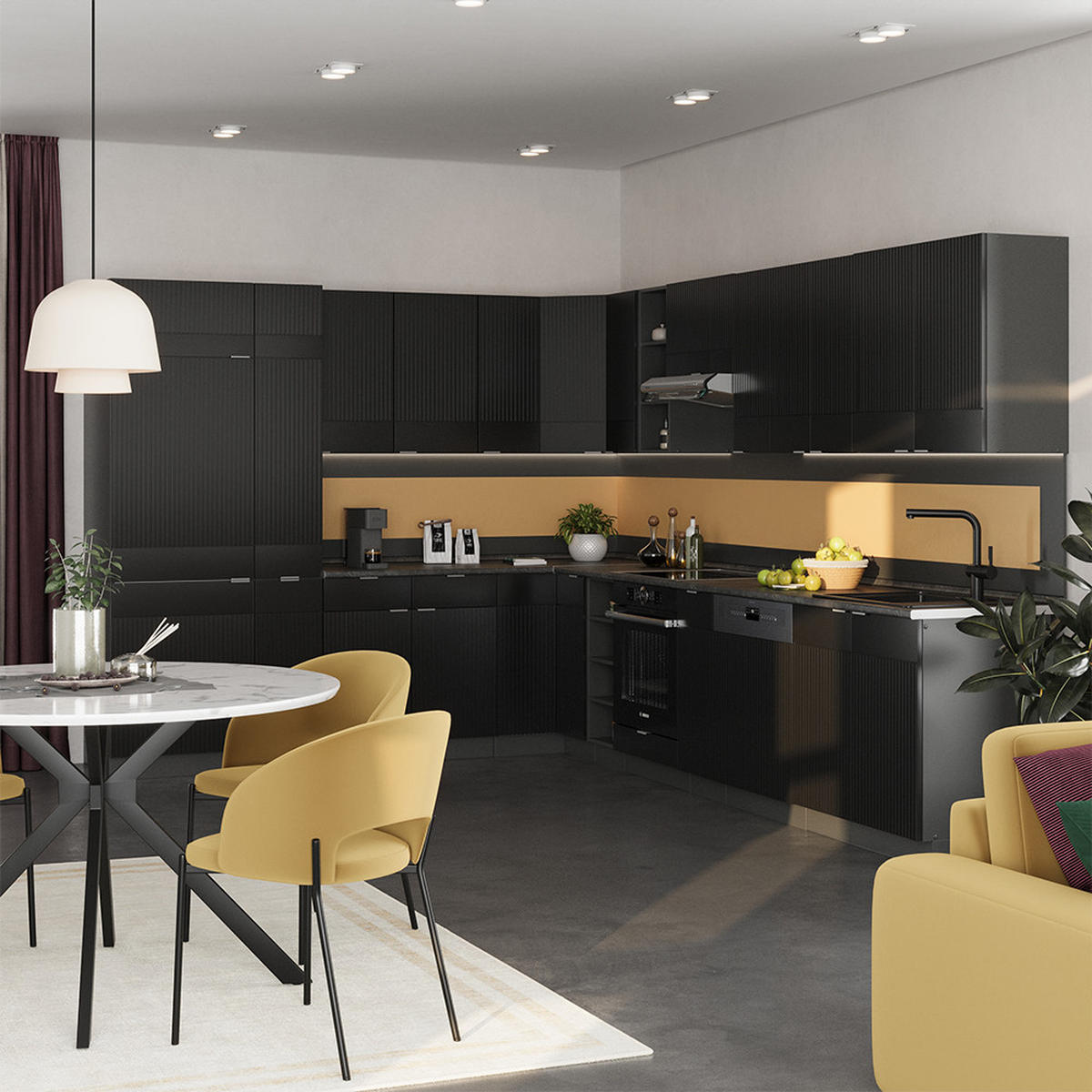 ROHOVÁ KUCHYNĚ Fame-Line, černé pruhy/antracit, 347 x 257 cm, dub AP - černá, kompozitní dřevo (347/81.6/60cm) - Vicco