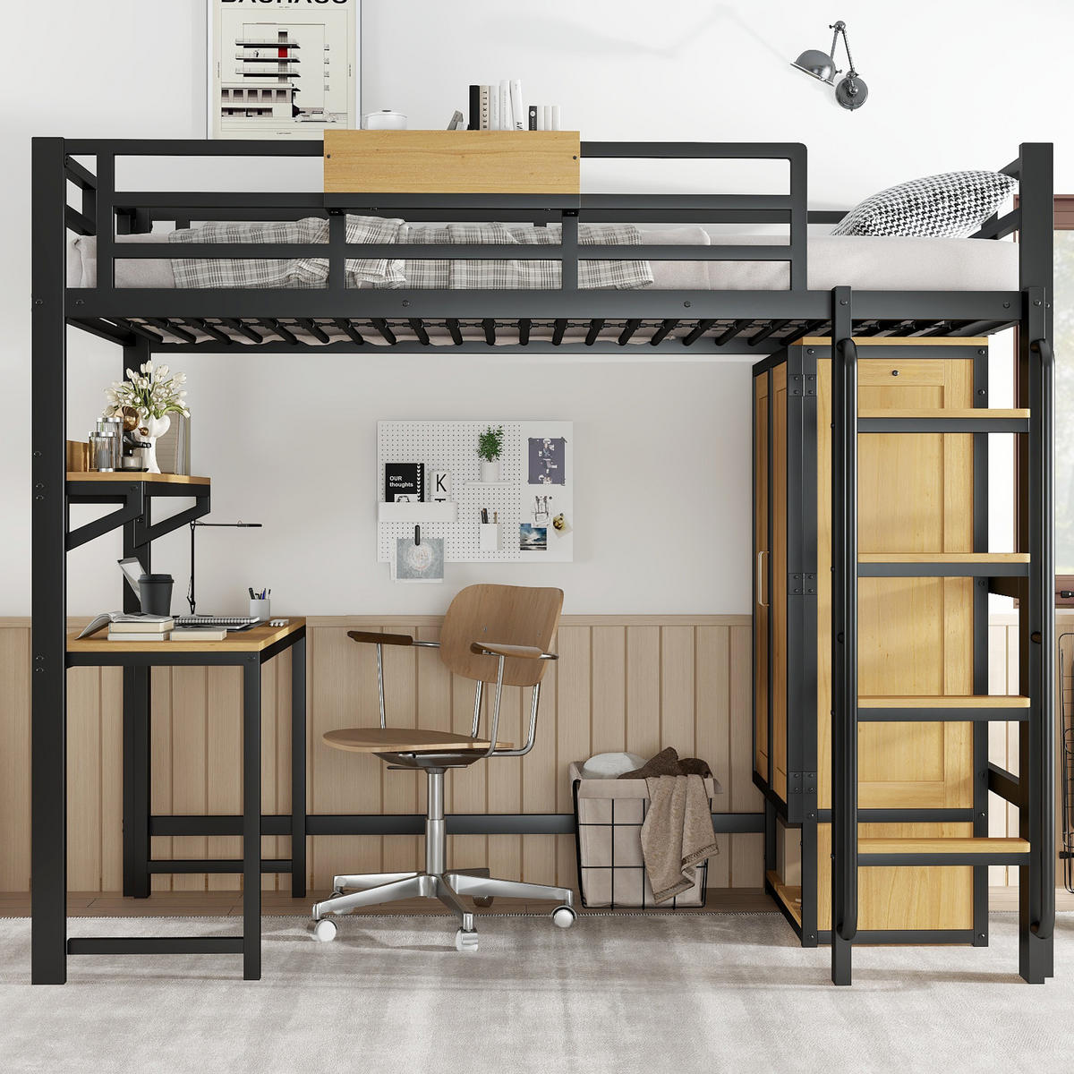 HOCHBETT 90/200 cm mit Kleiderschrank, Schreibtisch und Regal in Schwarz/Natur - Schwarz, Metall (90/200cm) - Flora Grace